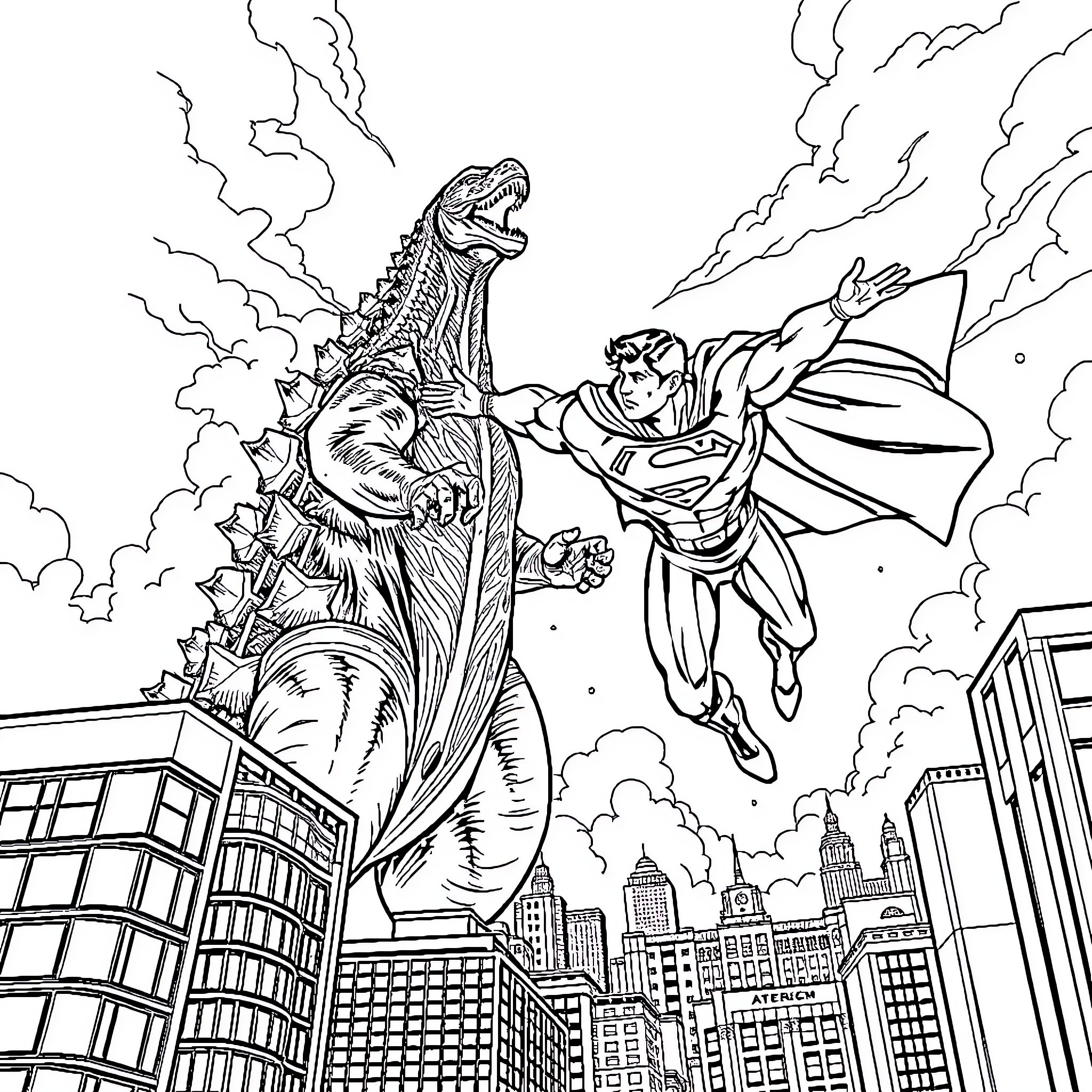 Superman battling a fierce dragon over a city Coloring Page (free black-and-white line drawing printable PDF for all, from beginners to advanced learners, including children, teens, adults, and seniors)