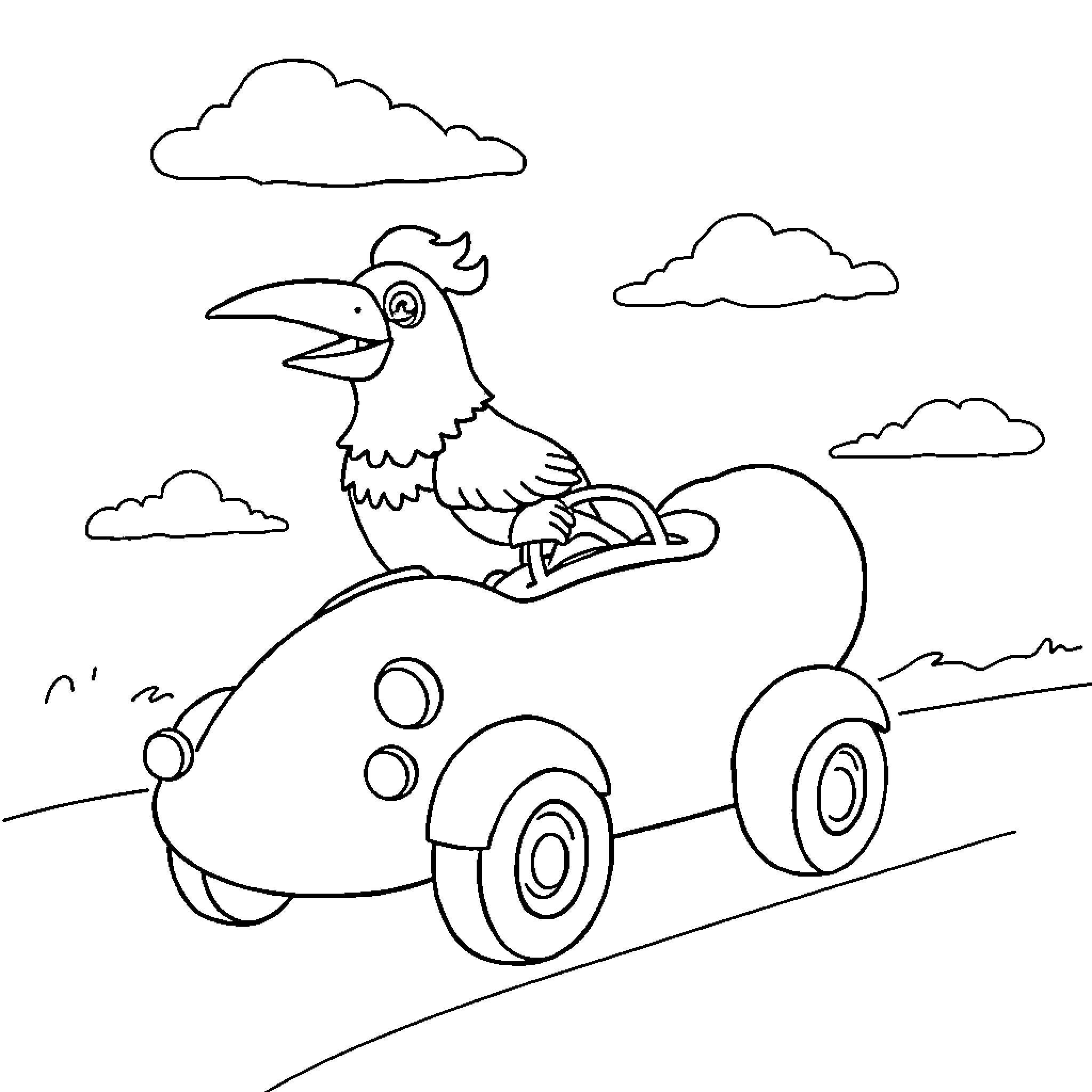 Bird riding a colorful car on the road Coloring Page (free black-and-white line drawing printable PDF for all, from beginners to advanced learners, including children, teens, adults, and seniors)