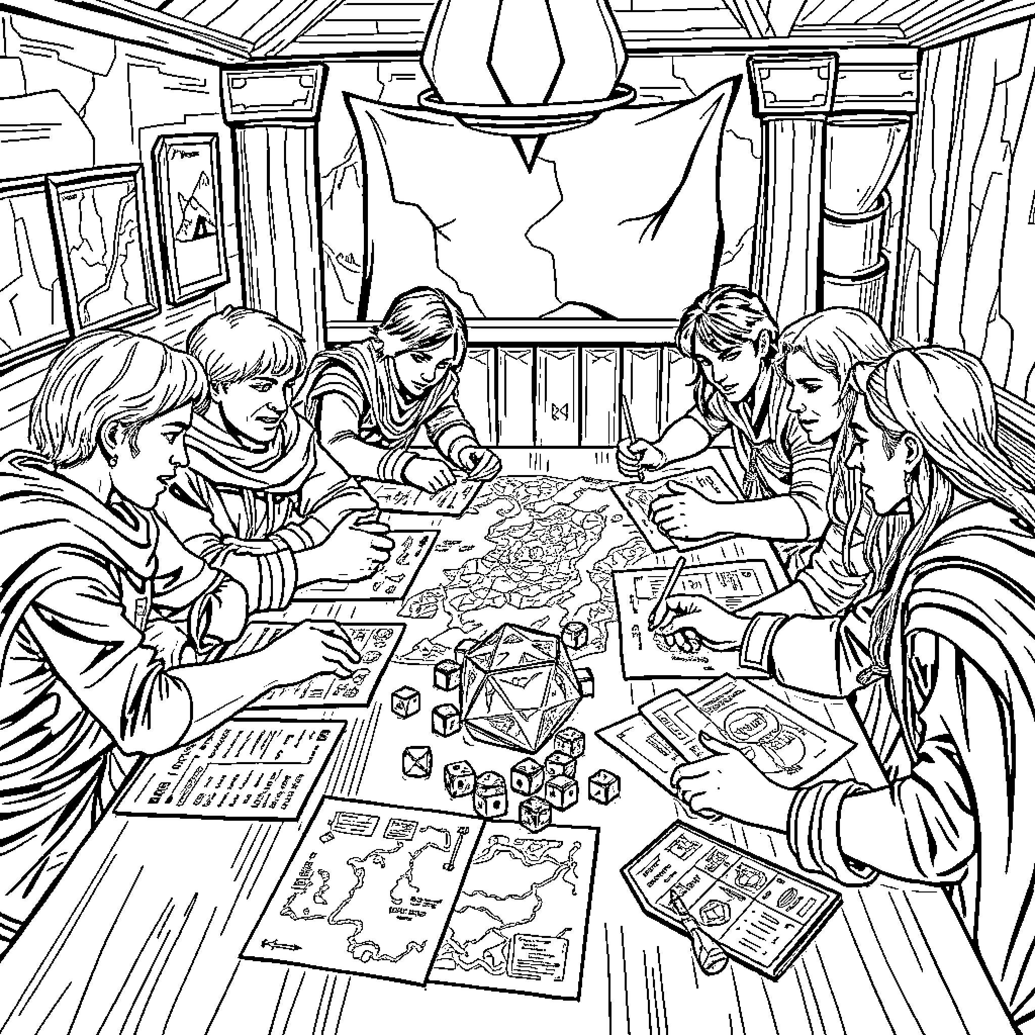 Dungeon Explorers Studying Maps and Plans Coloring Page (free black-and-white line drawing printable PDF for all, from beginners to advanced learners, including children, teens, adults, and seniors)