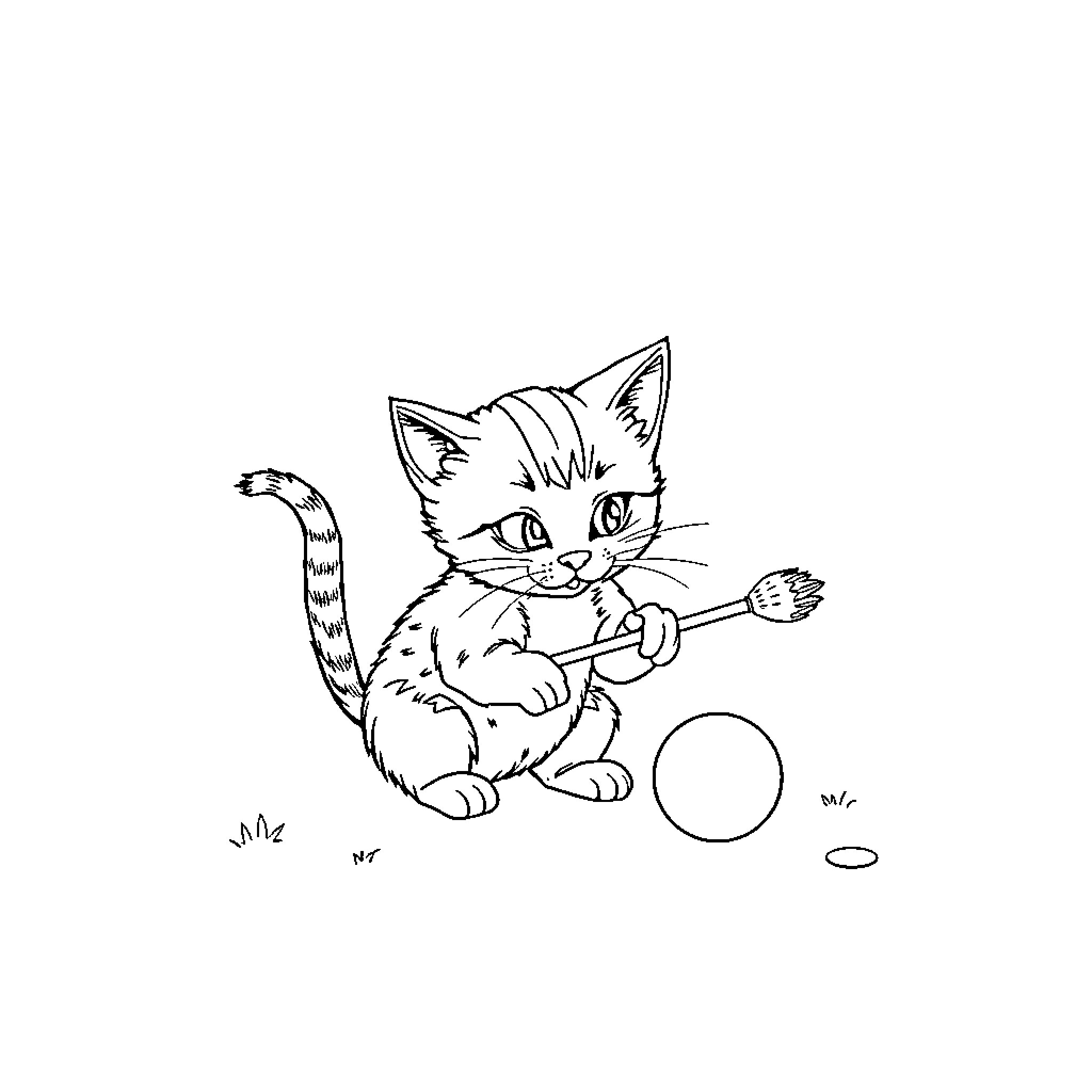 Cat playing with a ball of yarn Coloring Page (free black-and-white line drawing printable PDF for all, from beginners to advanced learners, including children, teens, adults, and seniors)