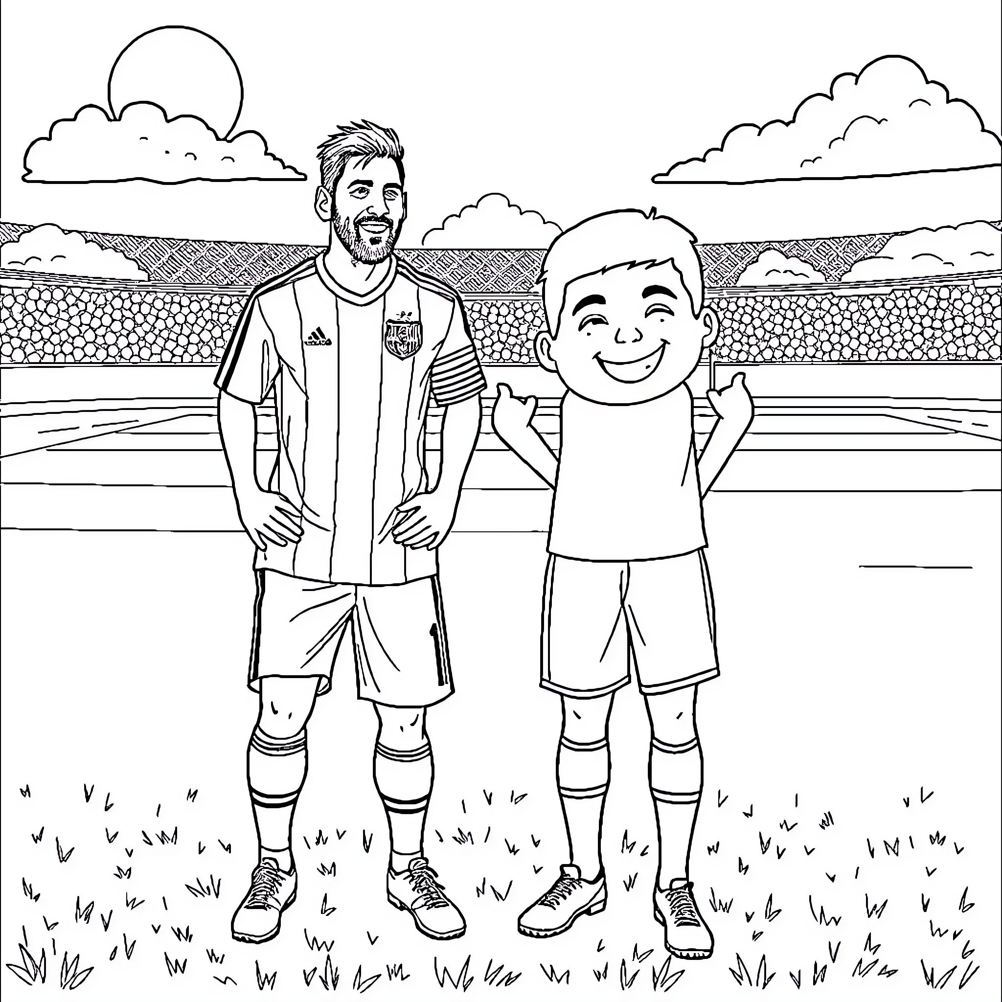 Messi and young soccer player on field Coloring Page (free black-and-white line drawing printable PDF for all, from beginners to advanced learners, including children, teens, adults, and seniors)