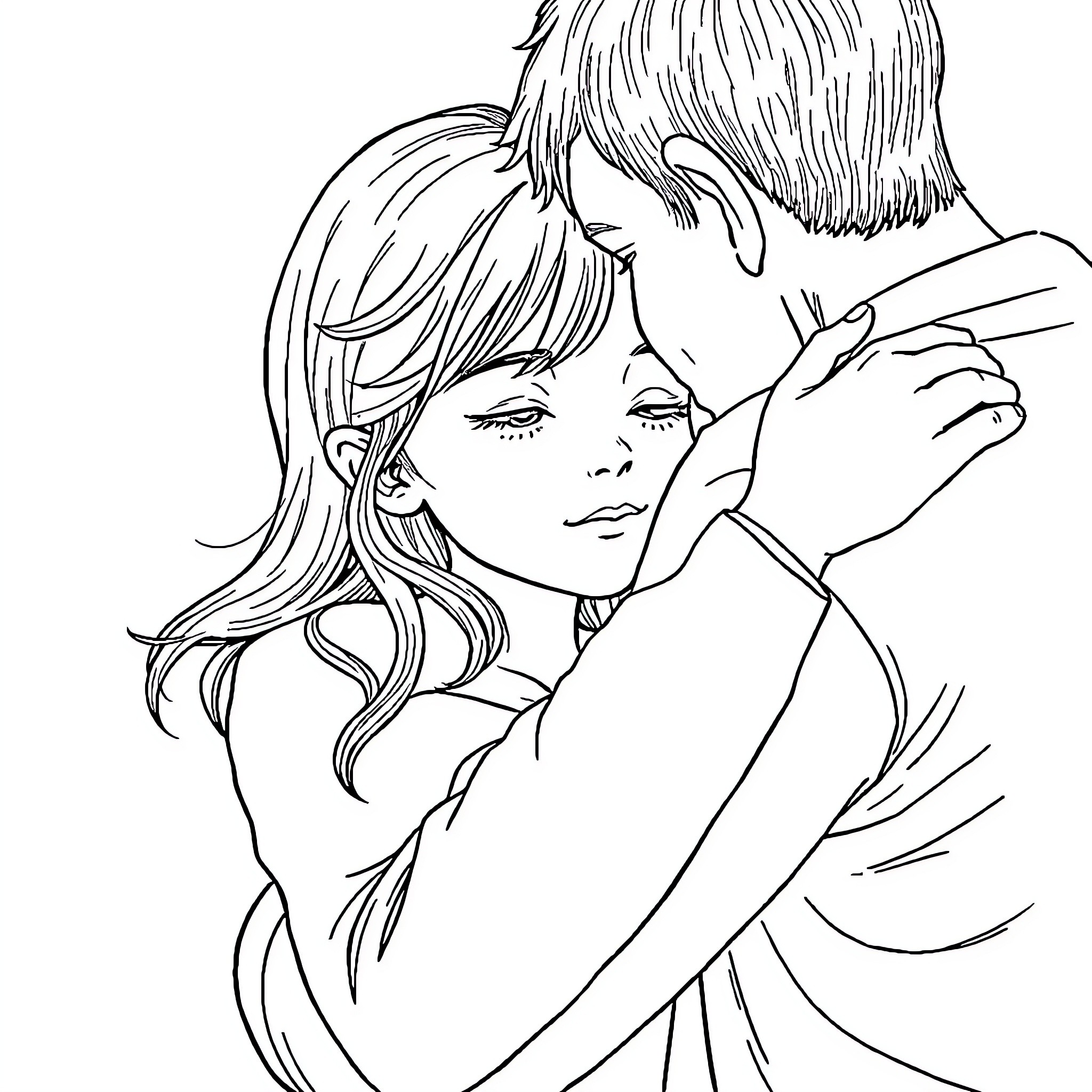 Mädchen in romantic embrace Coloring Page (free black-and-white line drawing printable PDF for all, from beginners to advanced learners, including children, teens, adults, and seniors)