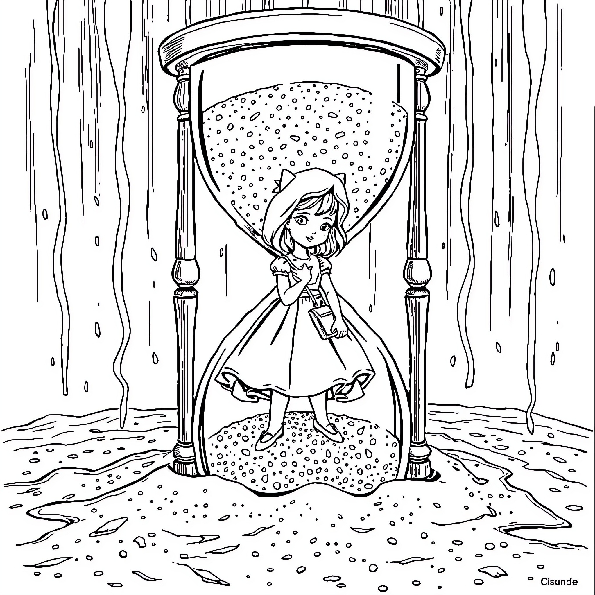 Alice trapped in the hourglass Coloring Page (free black-and-white line drawing printable PDF for all, from beginners to advanced learners, including children, teens, adults, and seniors)