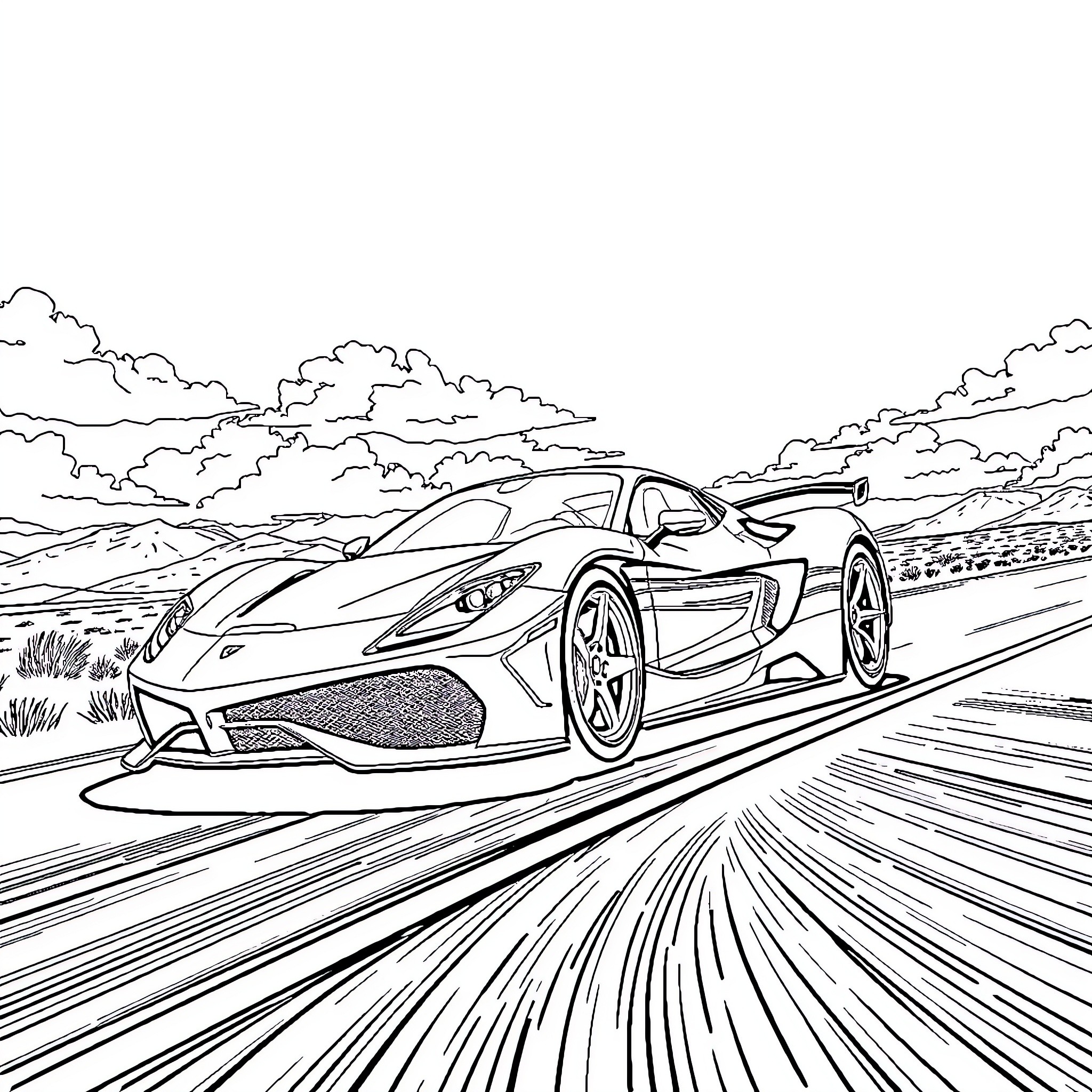 Sports Car Racing on Winding Mountain Road Coloring Page (free black-and-white line drawing printable PDF for all, from beginners to advanced learners, including children, teens, adults, and seniors)