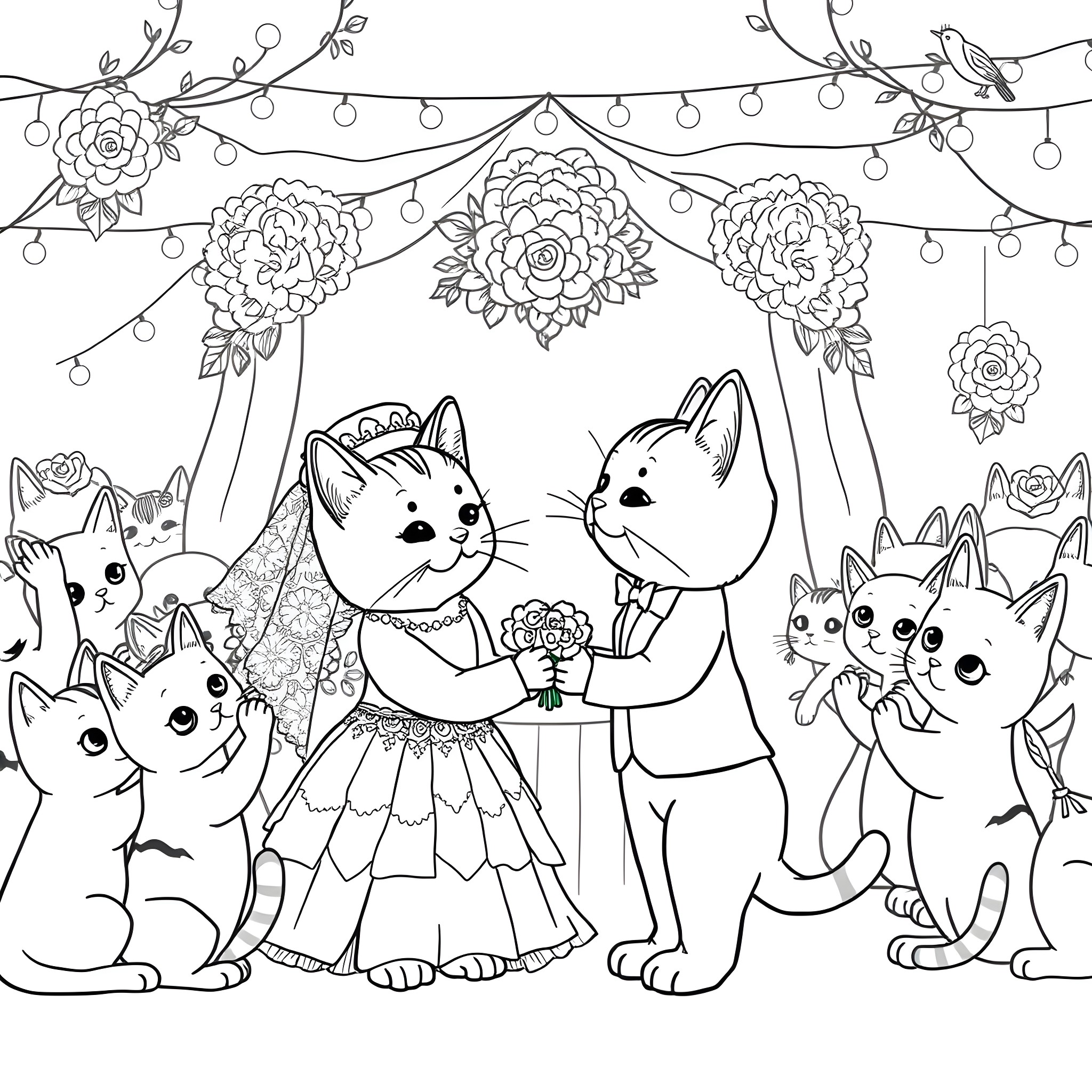 Cat party with decorations and companions Coloring Page (free black-and-white line drawing printable PDF for all, from beginners to advanced learners, including children, teens, adults, and seniors)