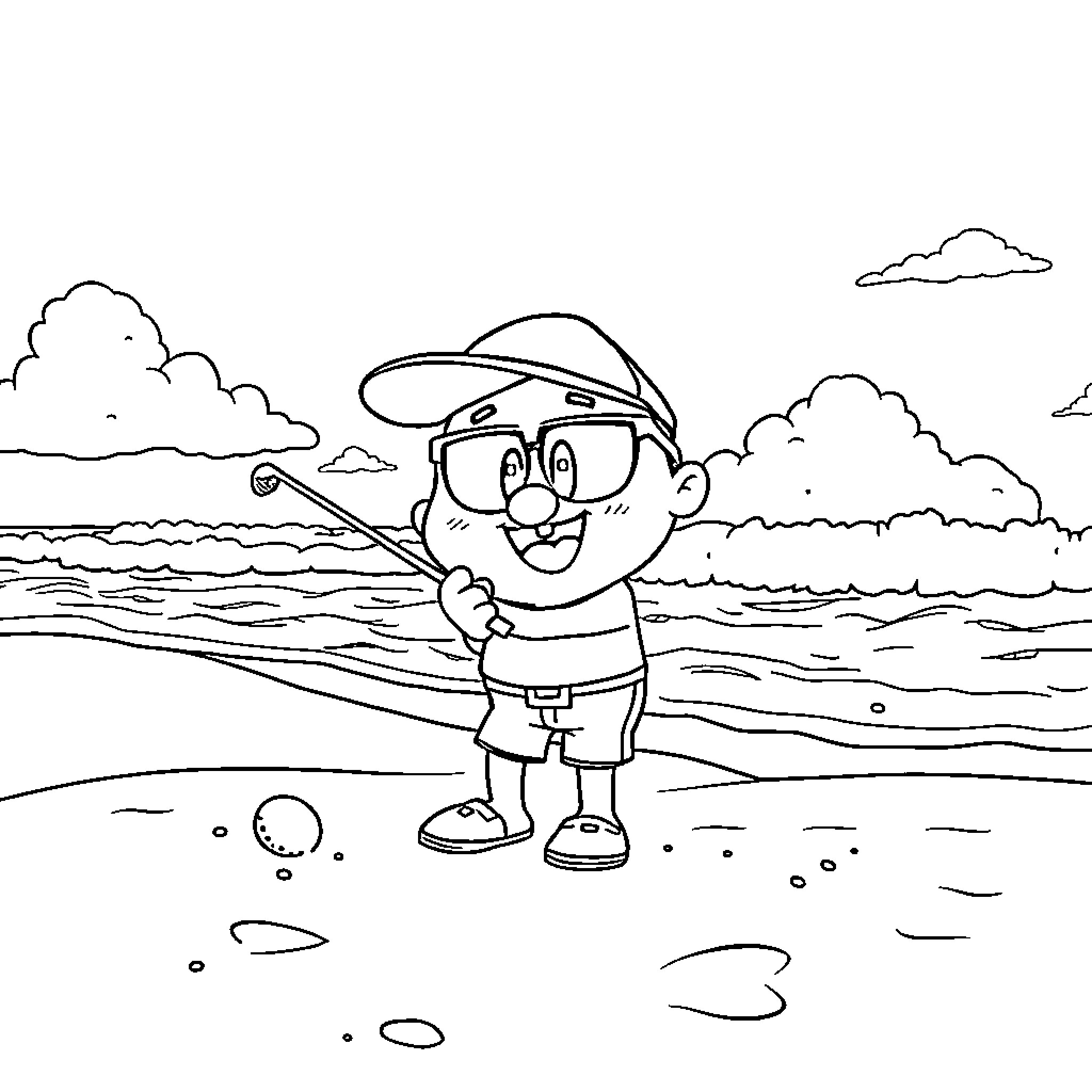 Gumball Fishing by the Beach Coloring Page (free black-and-white line drawing printable PDF for all, from beginners to advanced learners, including children, teens, adults, and seniors)