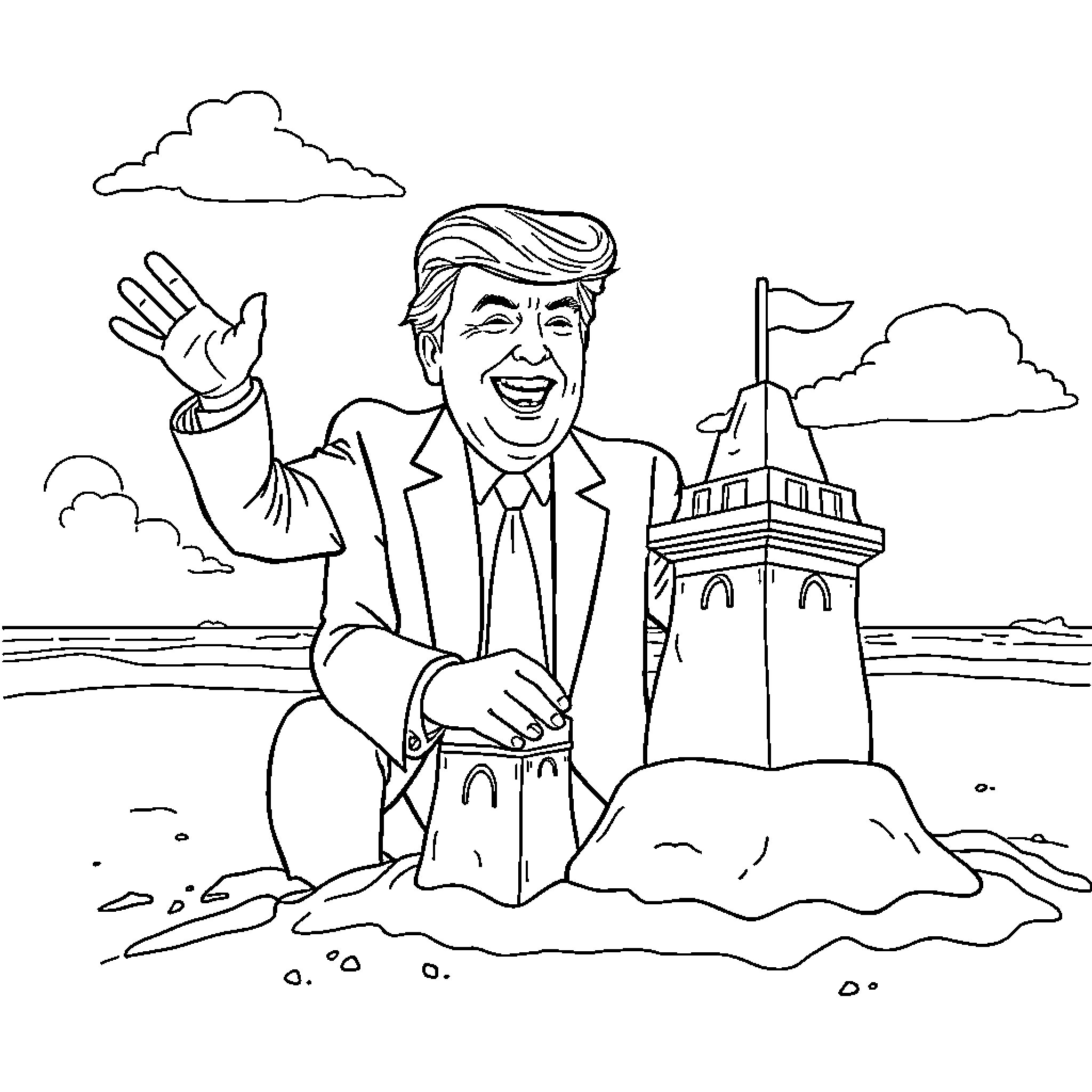 Donald Trump's Playful Antics on the Beach Coloring Page (free black-and-white line drawing printable PDF for all, from beginners to advanced learners, including children, teens, adults, and seniors)