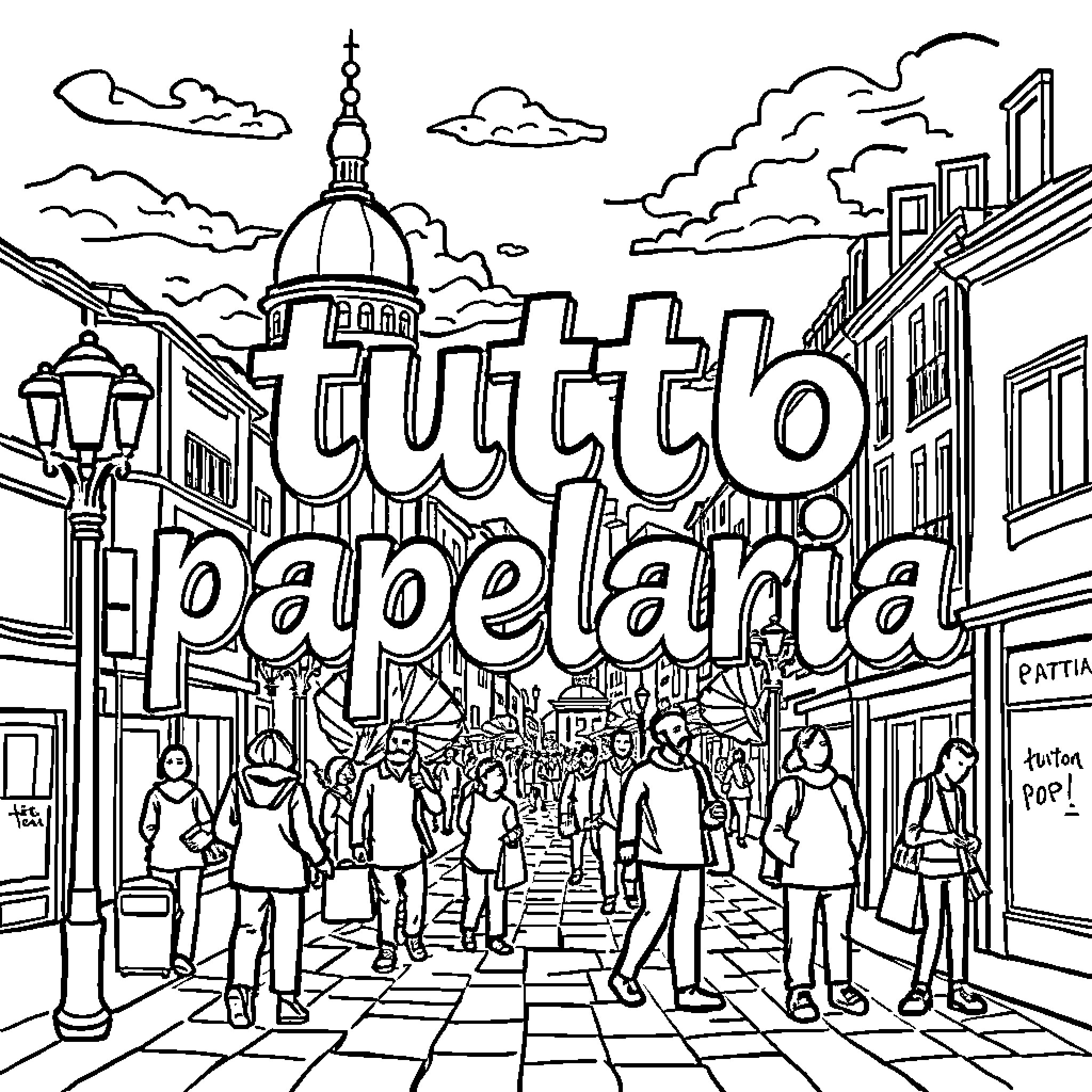Città Bustling with Pedestrian Activity Coloring Page (free black-and-white line drawing printable PDF for all, from beginners to advanced learners, including children, teens, adults, and seniors)