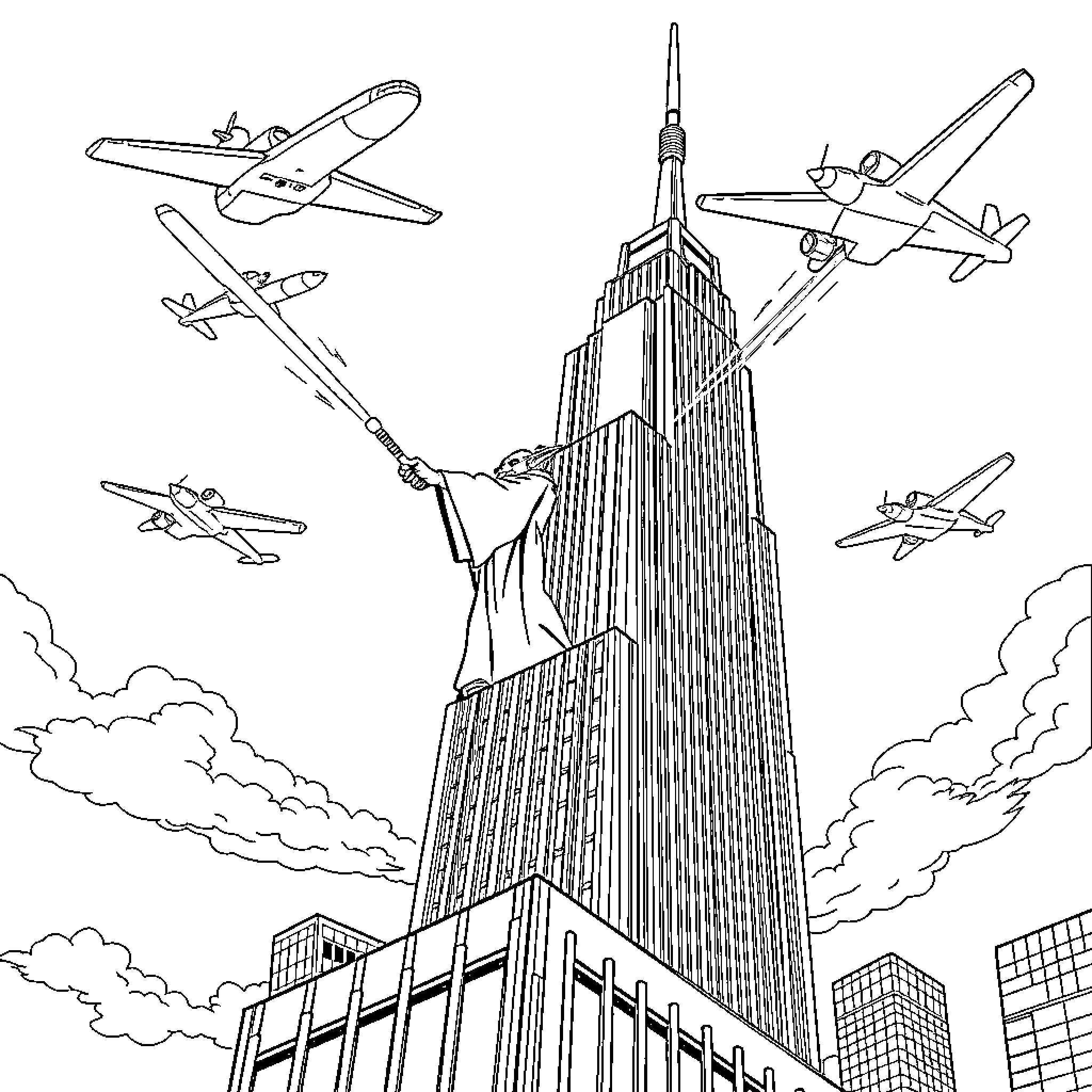 Yoda Commanding Airplanes Over Skyscraper Coloring Page (free black-and-white line drawing printable PDF for all, from beginners to advanced learners, including children, teens, adults, and seniors)