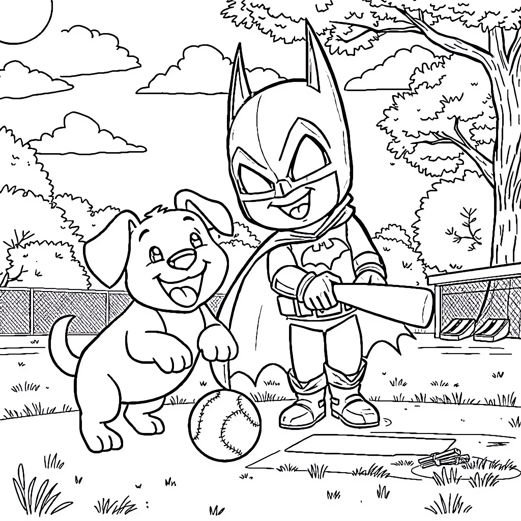Bluey playing ball with adorable puppy in the park Coloring Page (free black-and-white line drawing printable PDF for all, from beginners to advanced learners, including children, teens, adults, and seniors)