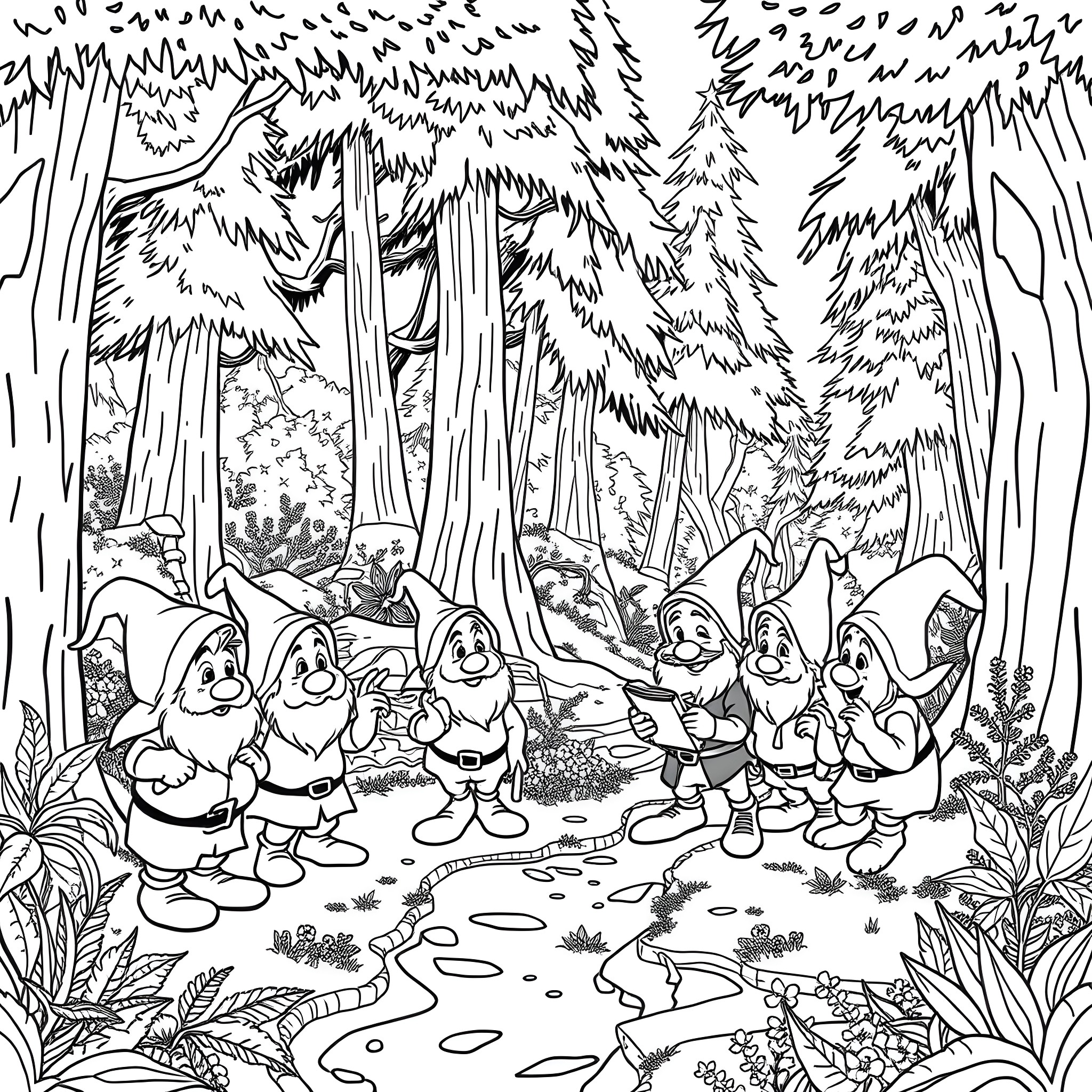 Dwarf characters exploring a magical forest Coloring Page (free black-and-white line drawing printable PDF for all, from beginners to advanced learners, including children, teens, adults, and seniors)
