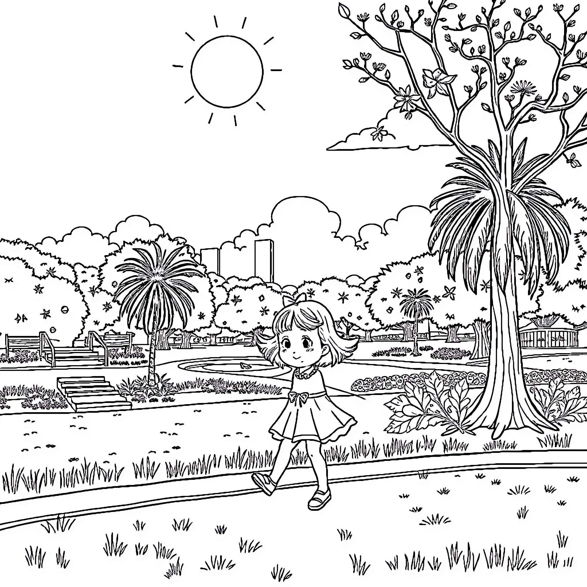 Girl exploring the scenic garden on a sunny day Coloring Page (free black-and-white line drawing printable PDF for all, from beginners to advanced learners, including children, teens, adults, and seniors)