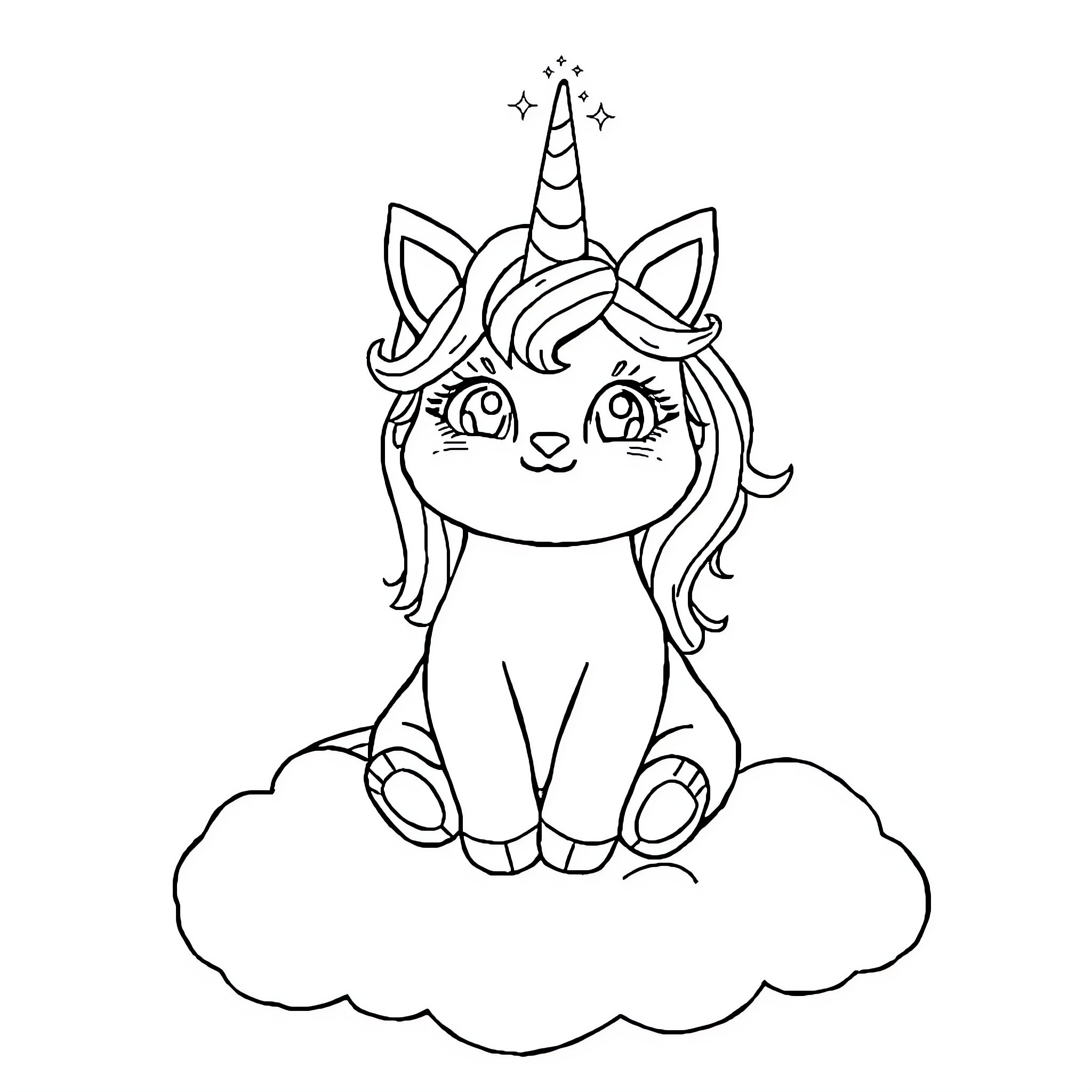Unicorn Cat sitting on a cloud with stars Coloring Page (free black-and-white line drawing printable PDF for all, from beginners to advanced learners, including children, teens, adults, and seniors)