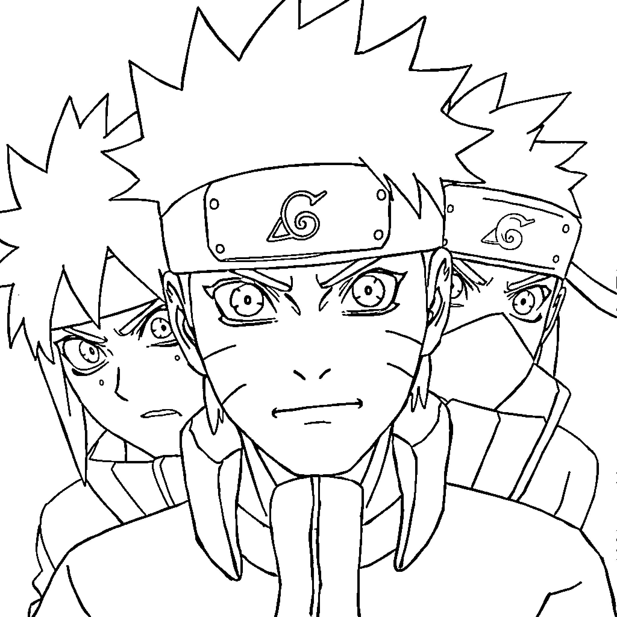 Naruto characters in intense combat stance Coloring Page (free black-and-white line drawing printable PDF for all, from beginners to advanced learners, including children, teens, adults, and seniors)