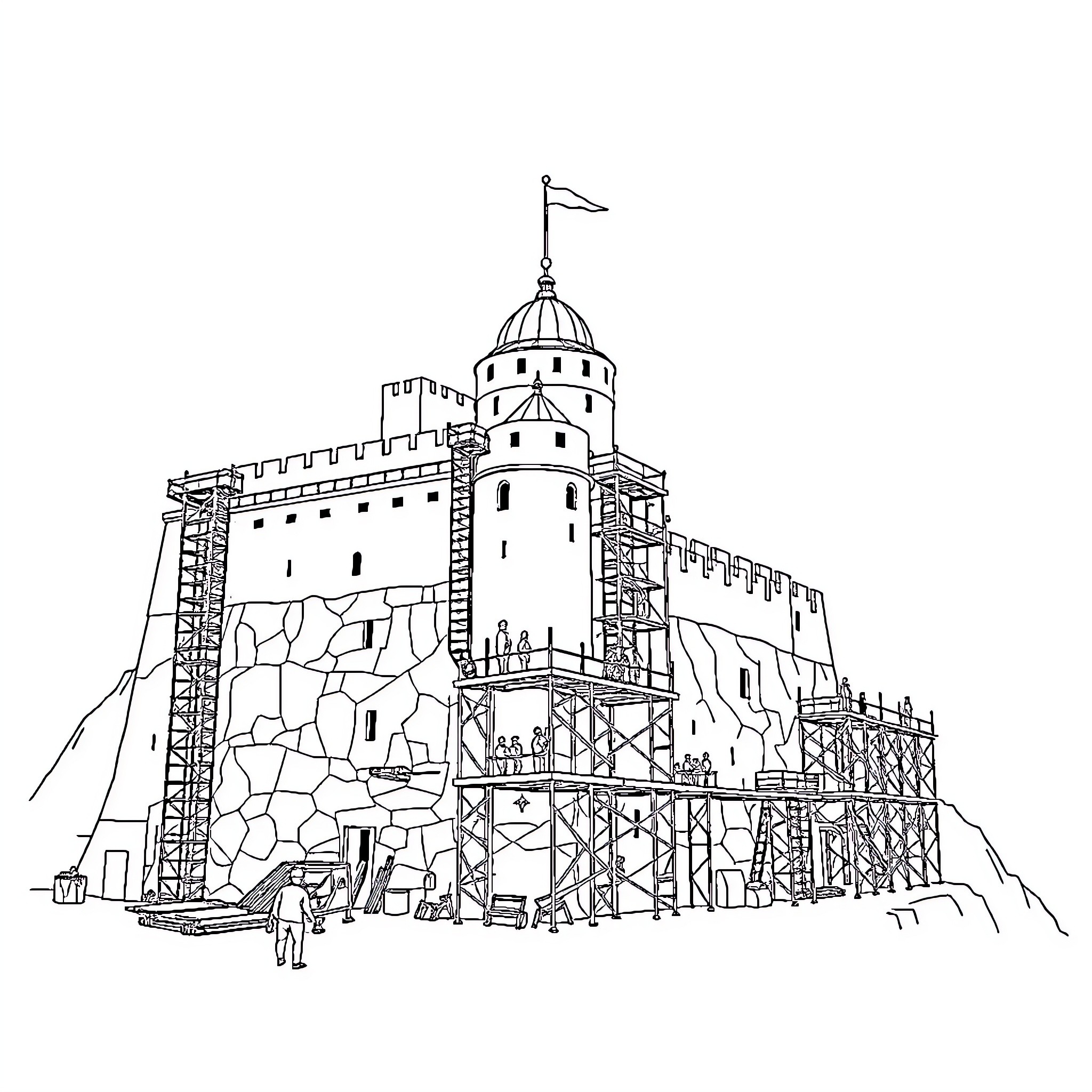 Castle on a Cliff with Scaffolding and Flags Coloring Page (free black-and-white line drawing printable PDF for all, from beginners to advanced learners, including children, teens, adults, and seniors)