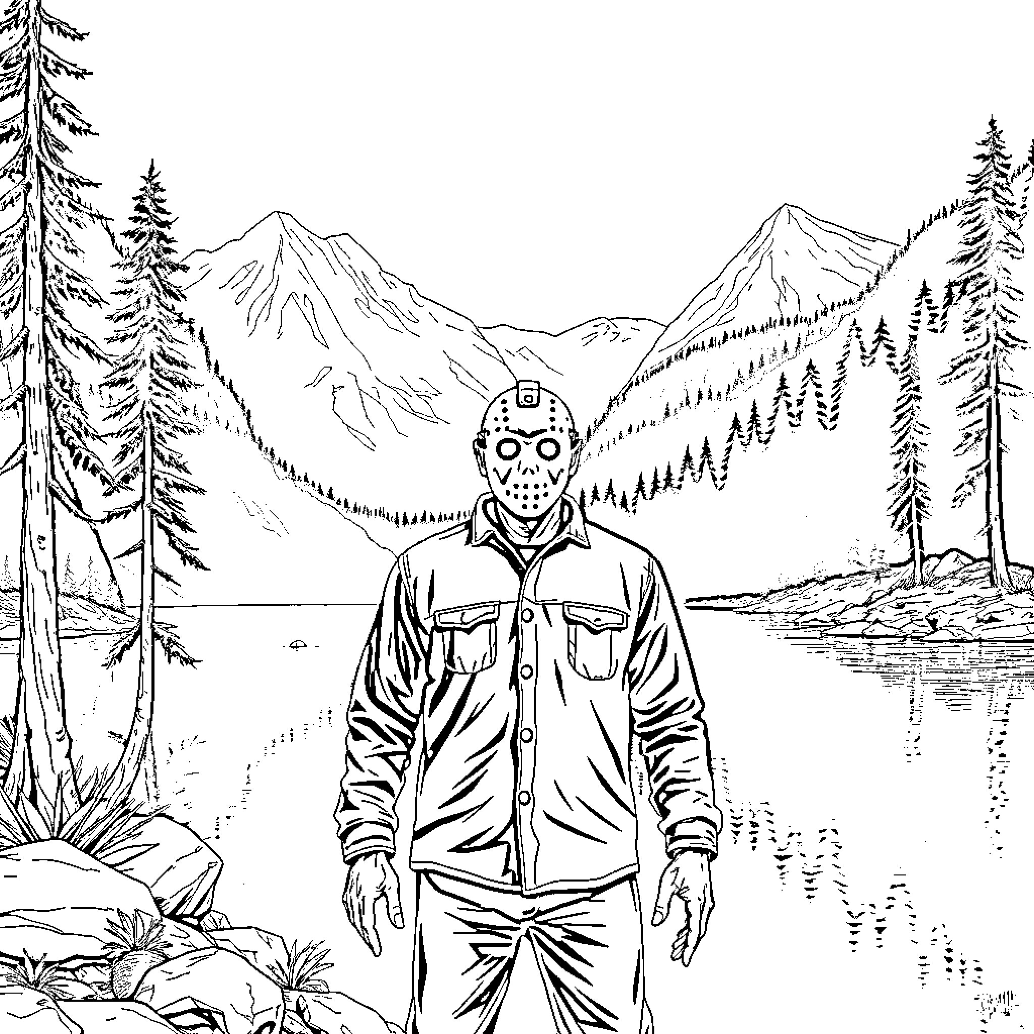 Jason's Outdoor Adventure in the Wilderness Coloring Page (free black-and-white line drawing printable PDF for all, from beginners to advanced learners, including children, teens, adults, and seniors)