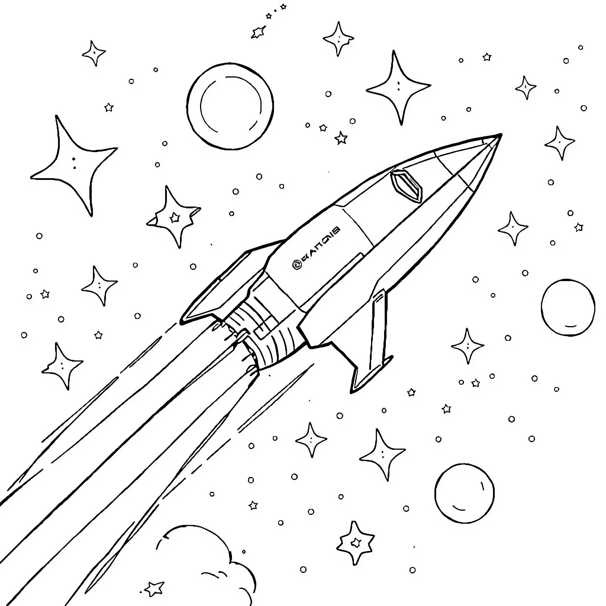 Spacejet soaring through starry cosmos Coloring Page (free black-and-white line drawing printable PDF for all, from beginners to advanced learners, including children, teens, adults, and seniors)