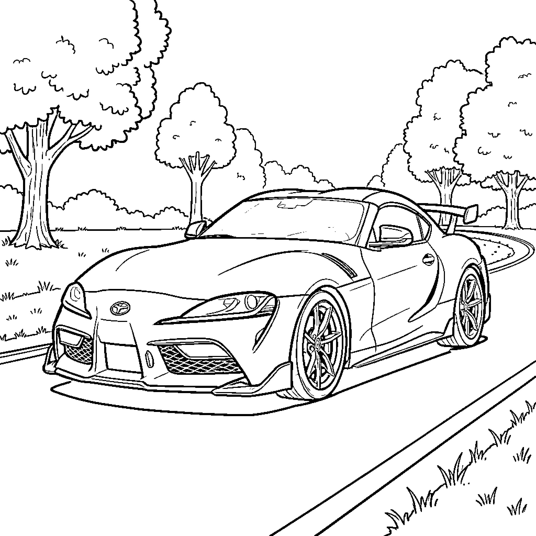 Toyota Supra driving through a scenic landscape Coloring Page (free black-and-white line drawing printable PDF for all, from beginners to advanced learners, including children, teens, adults, and seniors)