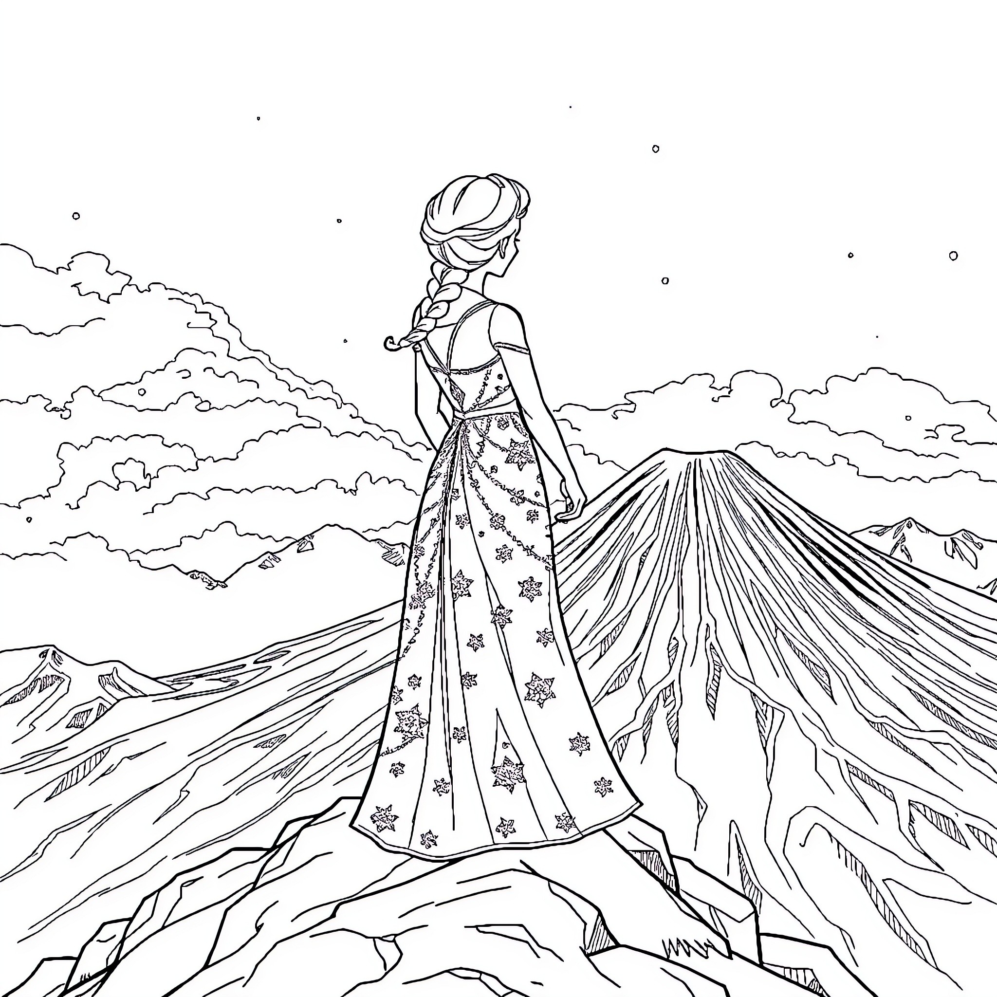 Elsa's Icy Adventure in the Mountains Coloring Page (free black-and-white line drawing printable PDF for all, from beginners to advanced learners, including children, teens, adults, and seniors)