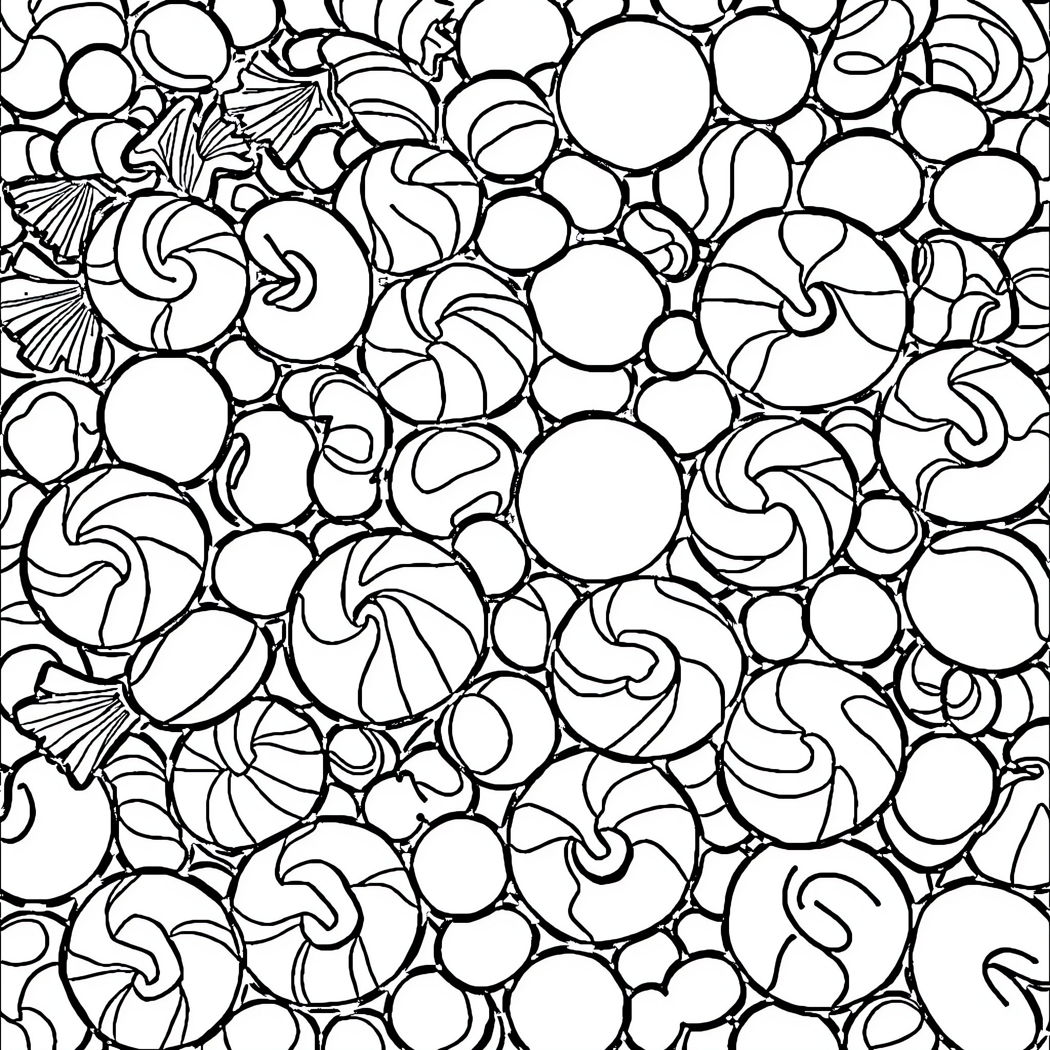 Candy Patterns in Monochrome Coloring Page (free black-and-white line drawing printable PDF for all, from beginners to advanced learners, including children, teens, adults, and seniors)