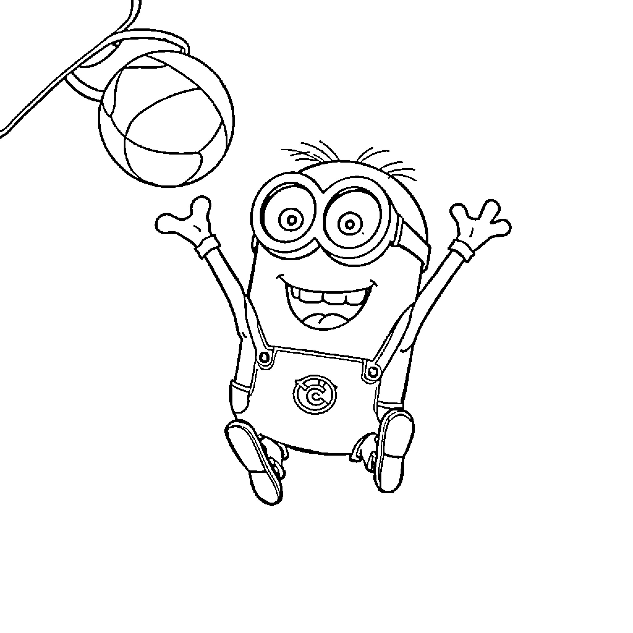 Minion cheerfully jumping with balloon Coloring Page (free black-and-white line drawing printable PDF for all, from beginners to advanced learners, including children, teens, adults, and seniors)