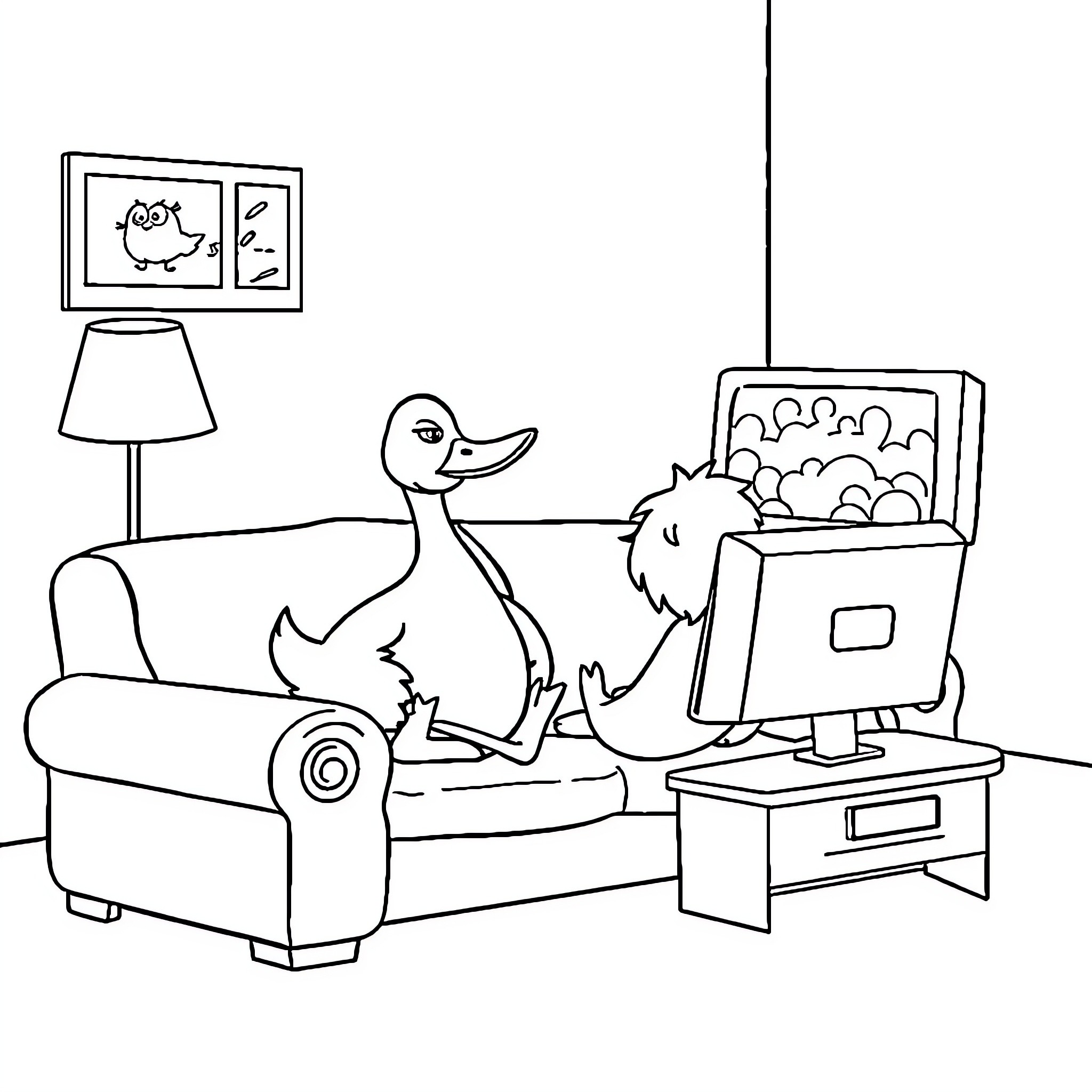 Duck relaxing on the couch while watching TV Coloring Page (free black-and-white line drawing printable PDF for all, from beginners to advanced learners, including children, teens, adults, and seniors)