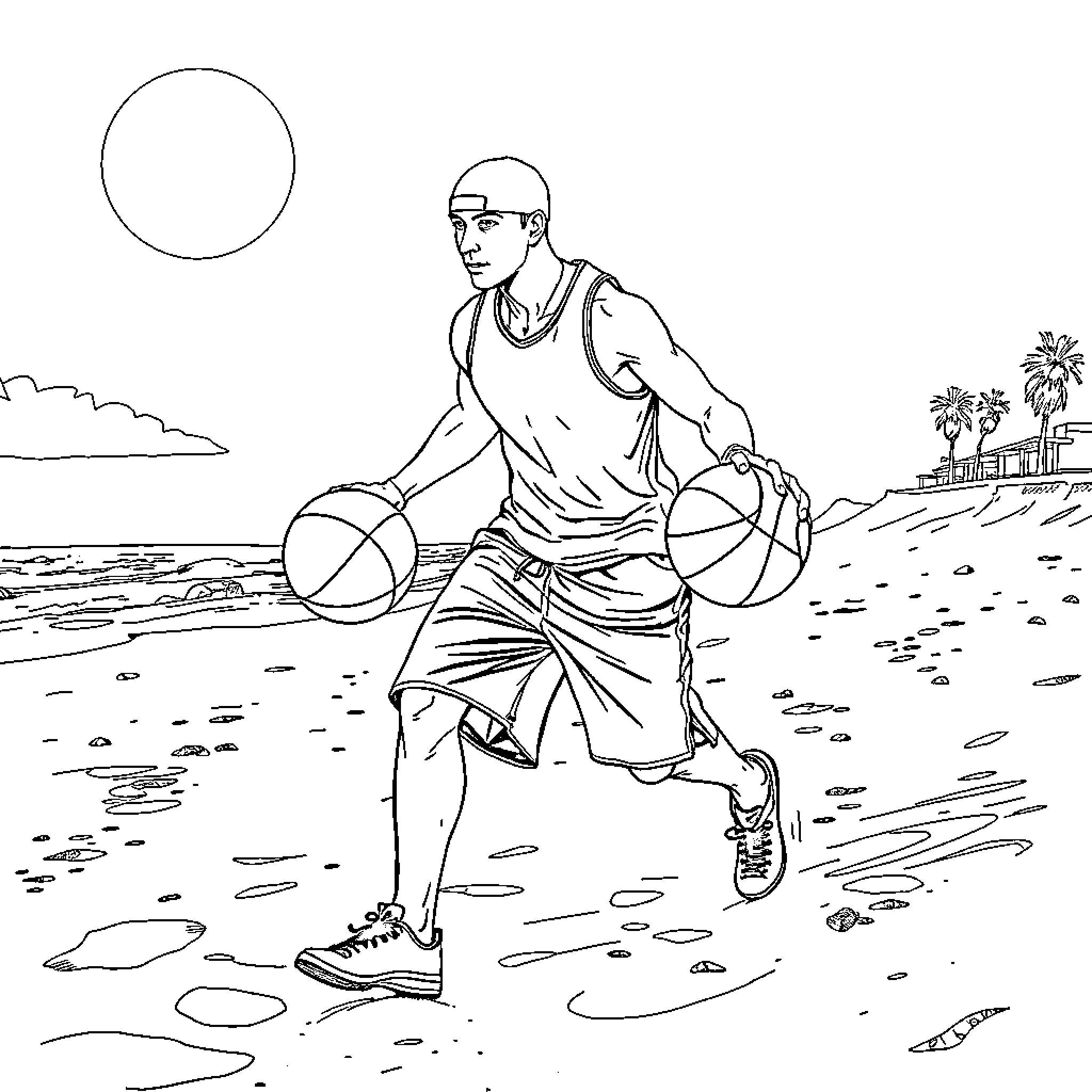 Eminem playing basketball on the beach Coloring Page (free black-and-white line drawing printable PDF for all, from beginners to advanced learners, including children, teens, adults, and seniors)