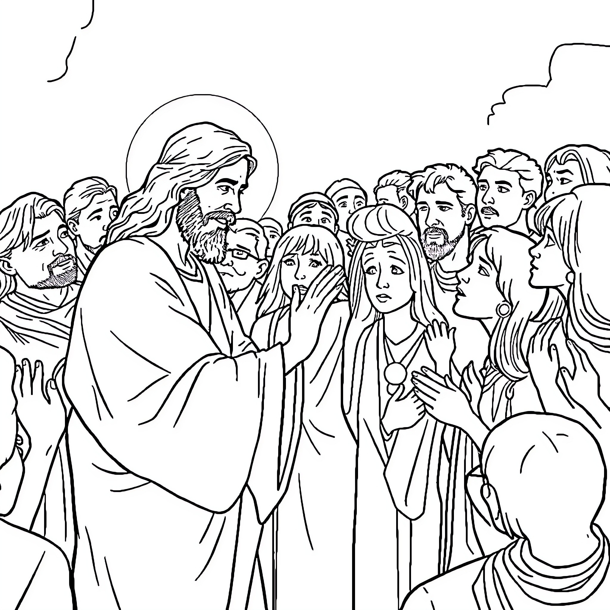 Jesus Blessing and Interacting with Followers Coloring Page (free black-and-white line drawing printable PDF for all, from beginners to advanced learners, including children, teens, adults, and seniors)