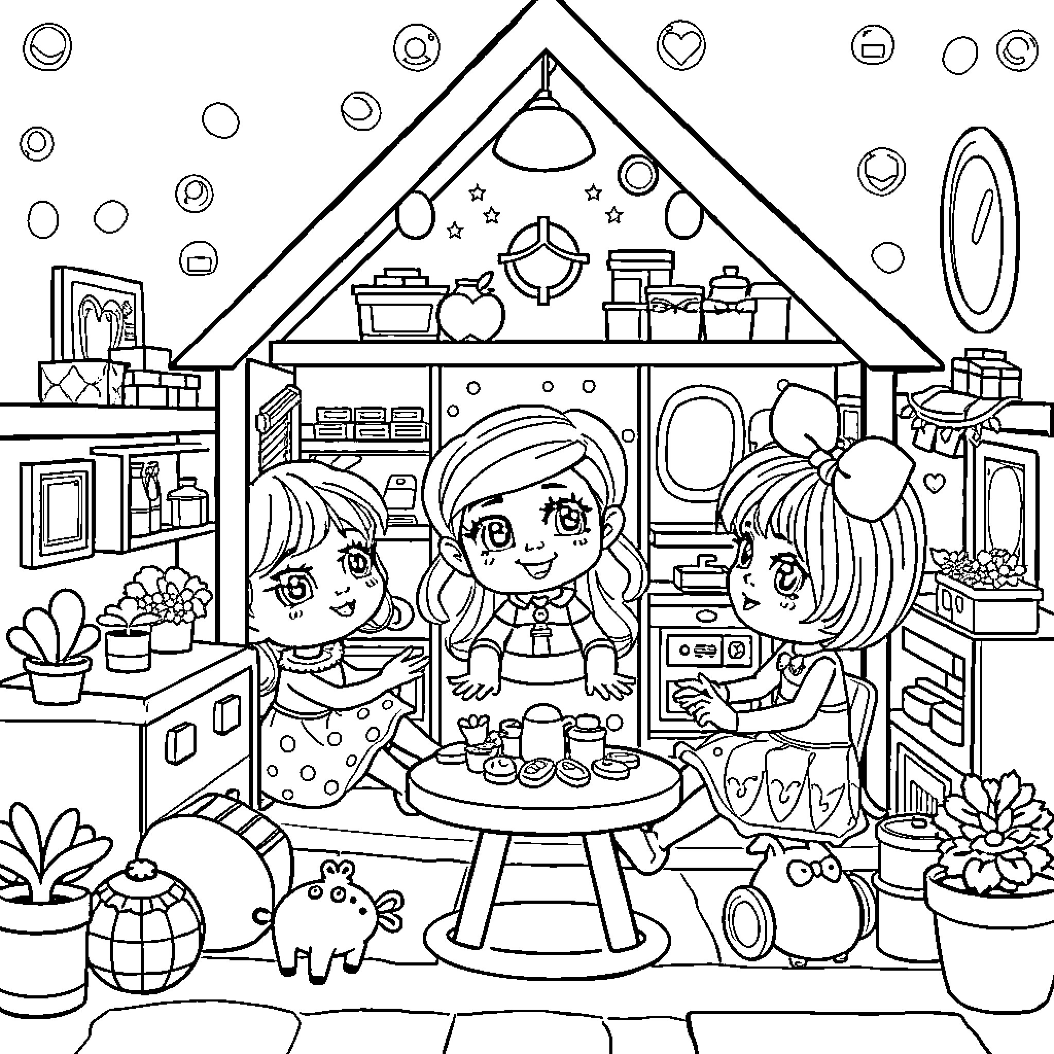 Gabby's Cheerful Playhouse Adventure Coloring Page (free black-and-white line drawing printable PDF for all, from beginners to advanced learners, including children, teens, adults, and seniors)