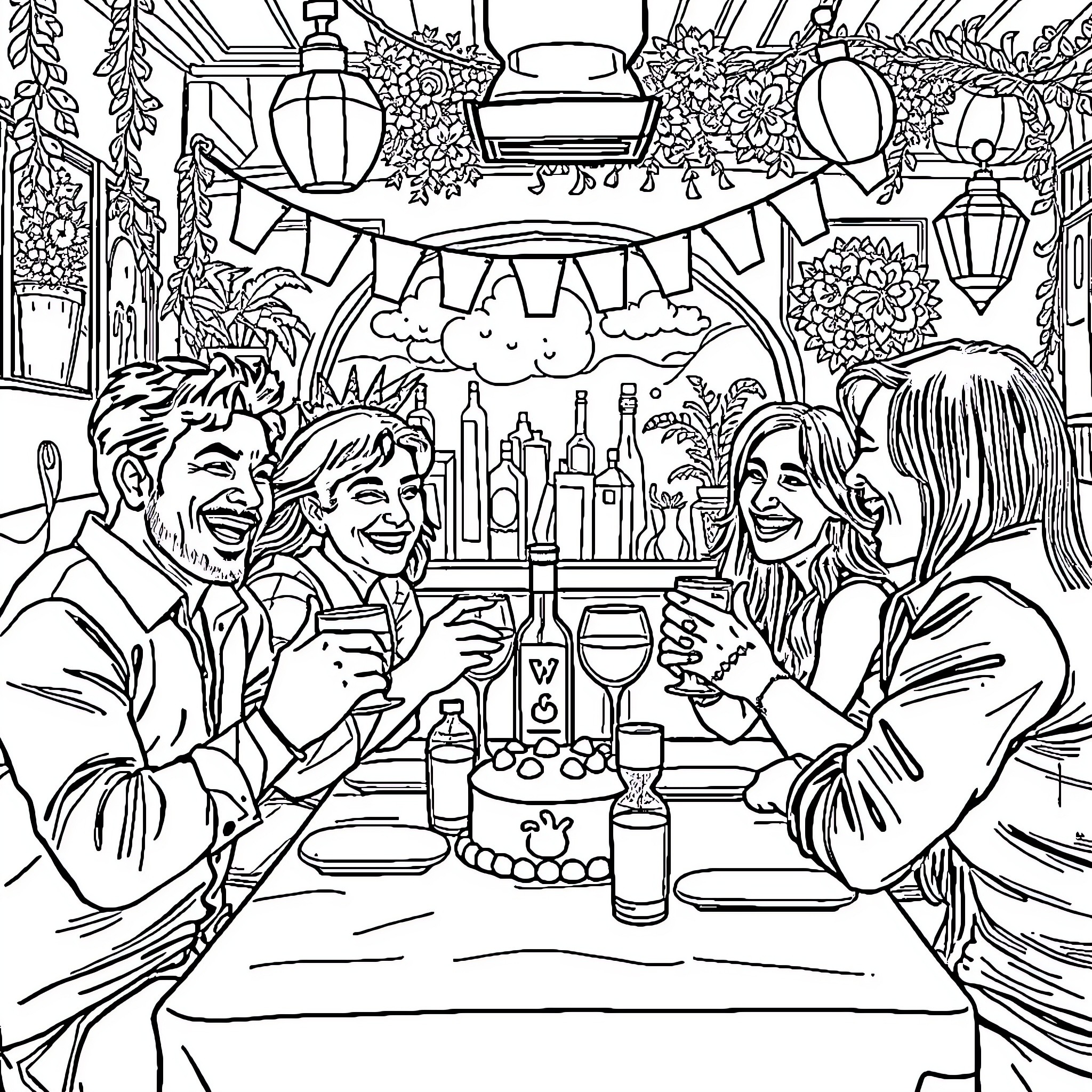 Man and friends enjoying drinks at party Coloring Page (free black-and-white line drawing printable PDF for all, from beginners to advanced learners, including children, teens, adults, and seniors)