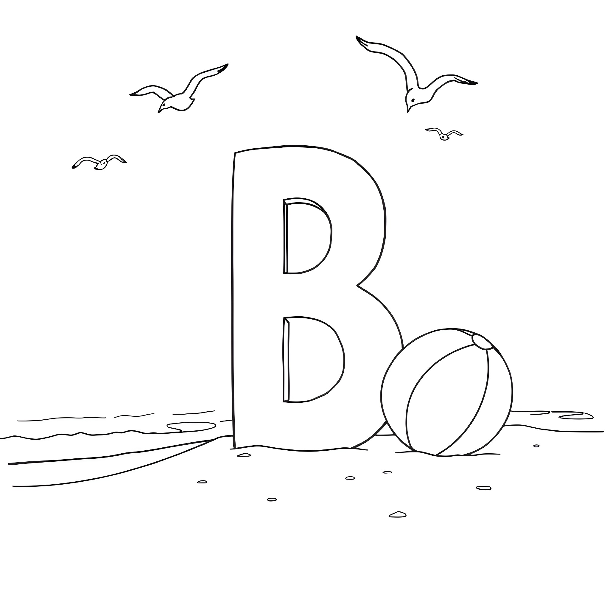 Letter B with beach ball and seagulls Coloring Page (free black-and-white line drawing printable PDF for all, from beginners to advanced learners, including children, teens, adults, and seniors)