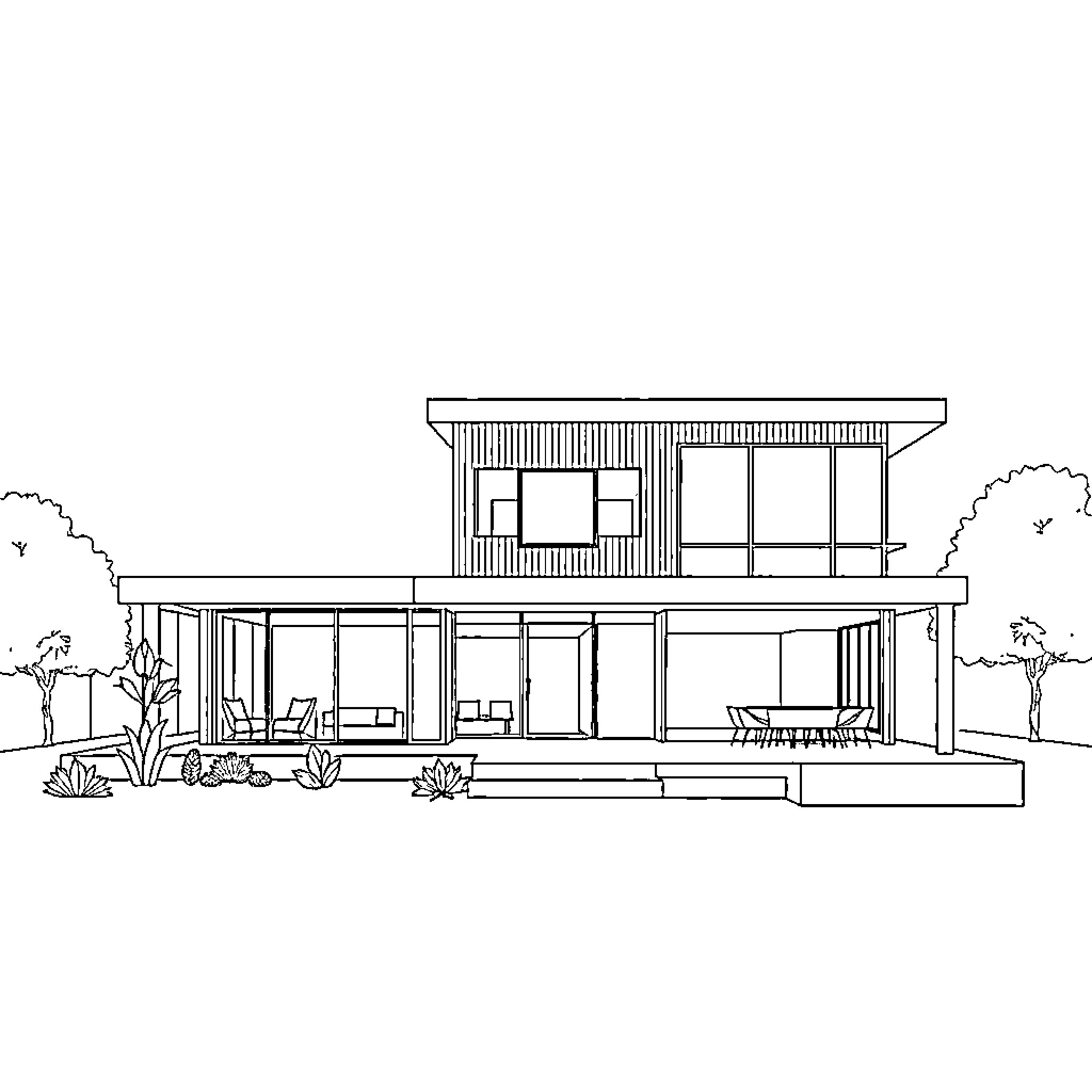 Modern House with Patio and Landscaping Coloring Page (free black-and-white line drawing printable PDF for all, from beginners to advanced learners, including children, teens, adults, and seniors)