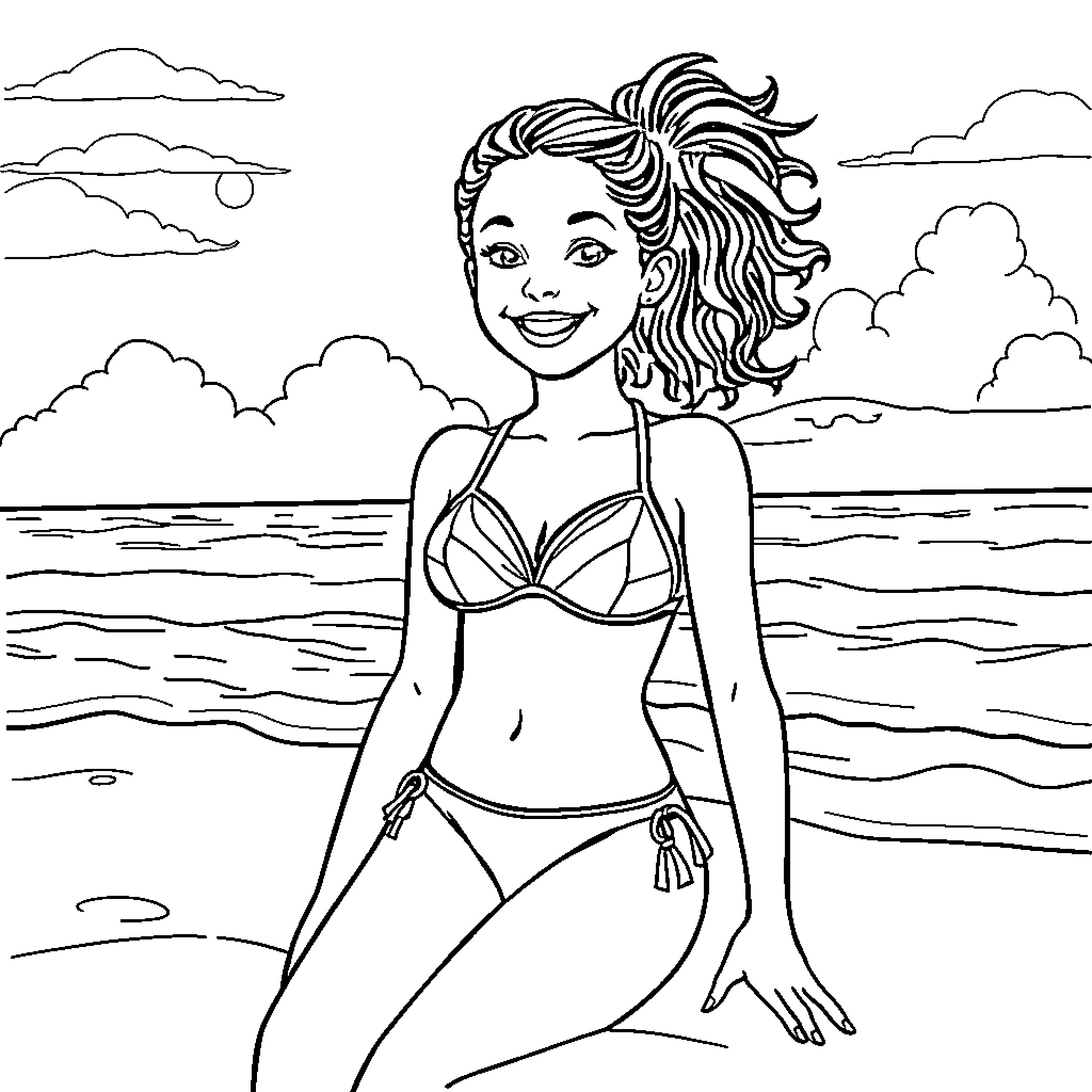 Girl playing at the beach on a sunny day Coloring Page (free black-and-white line drawing printable PDF for all, from beginners to advanced learners, including children, teens, adults, and seniors)