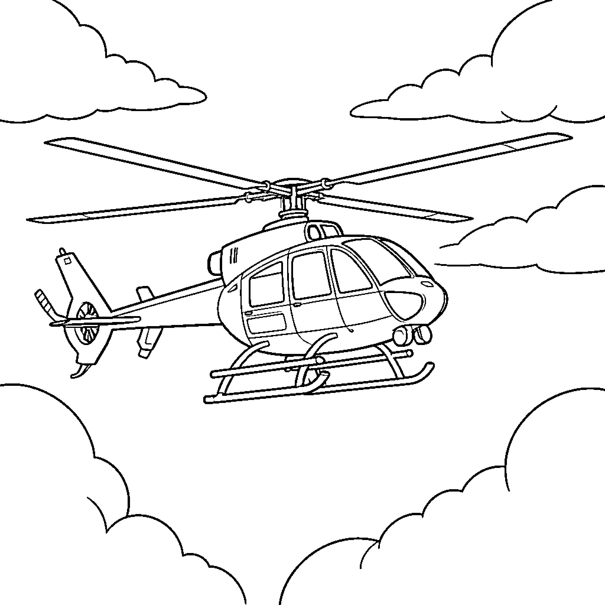 Helicopter flying through the clouds in the sky Coloring Page (free black-and-white line drawing printable PDF for all, from beginners to advanced learners, including children, teens, adults, and seniors)