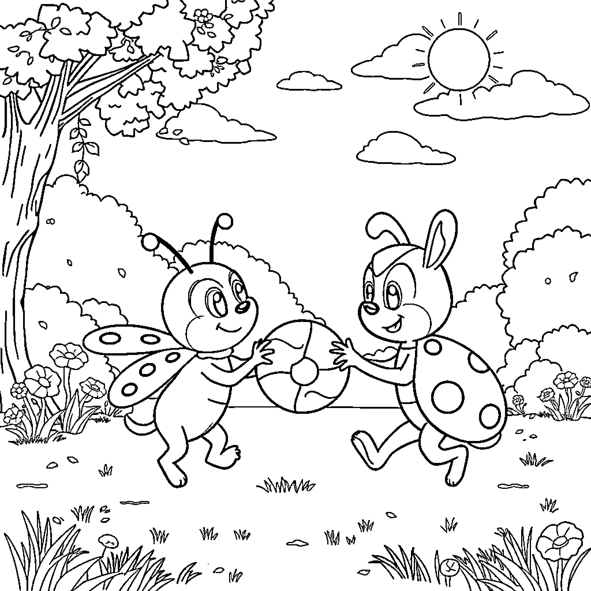 Rumi's Playful Adventure in the Vibrant Garden Coloring Page (free black-and-white line drawing printable PDF for all, from beginners to advanced learners, including children, teens, adults, and seniors)