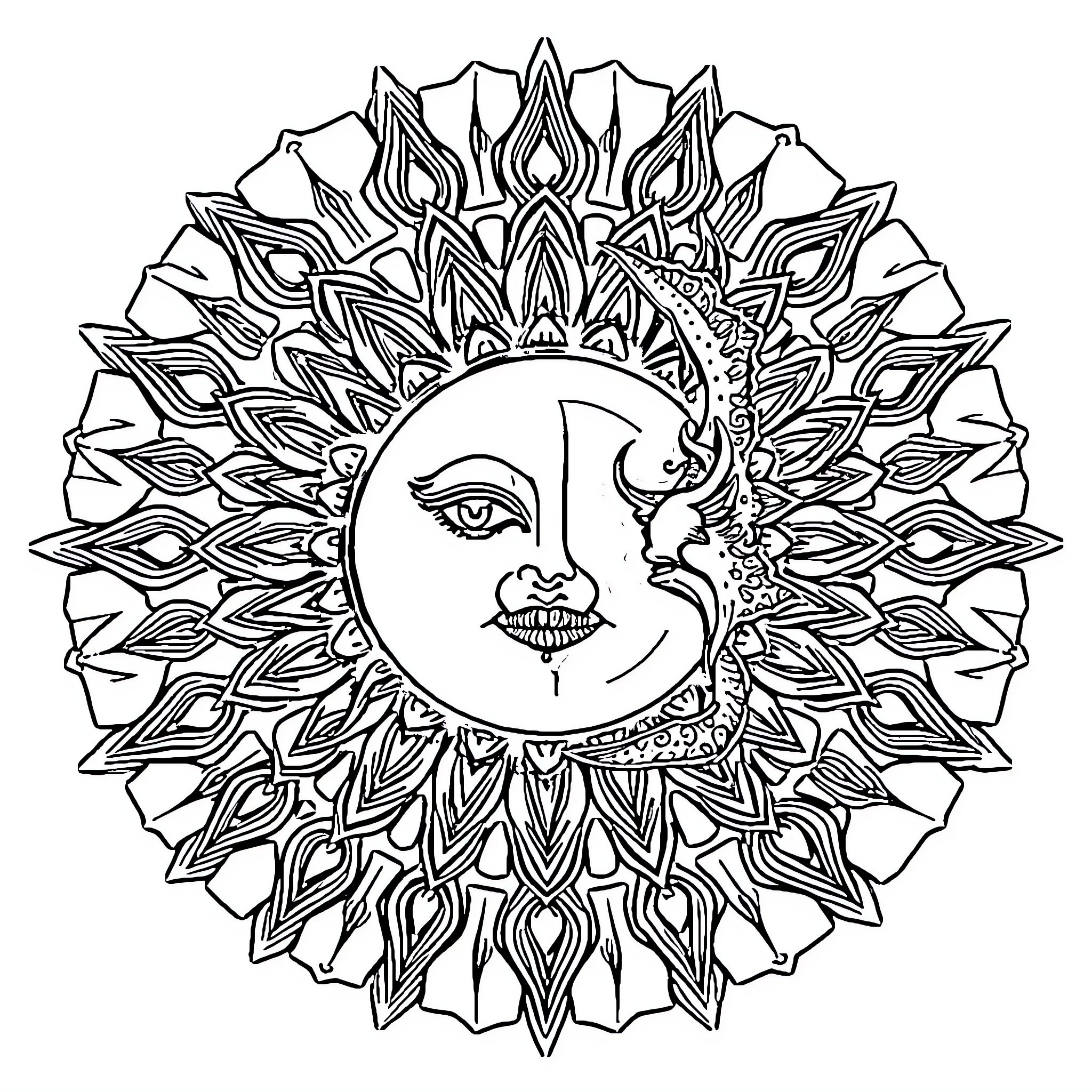 Sun and Moon sharing a mystic embrace Coloring Page (free black-and-white line drawing printable PDF for all, from beginners to advanced learners, including children, teens, adults, and seniors)