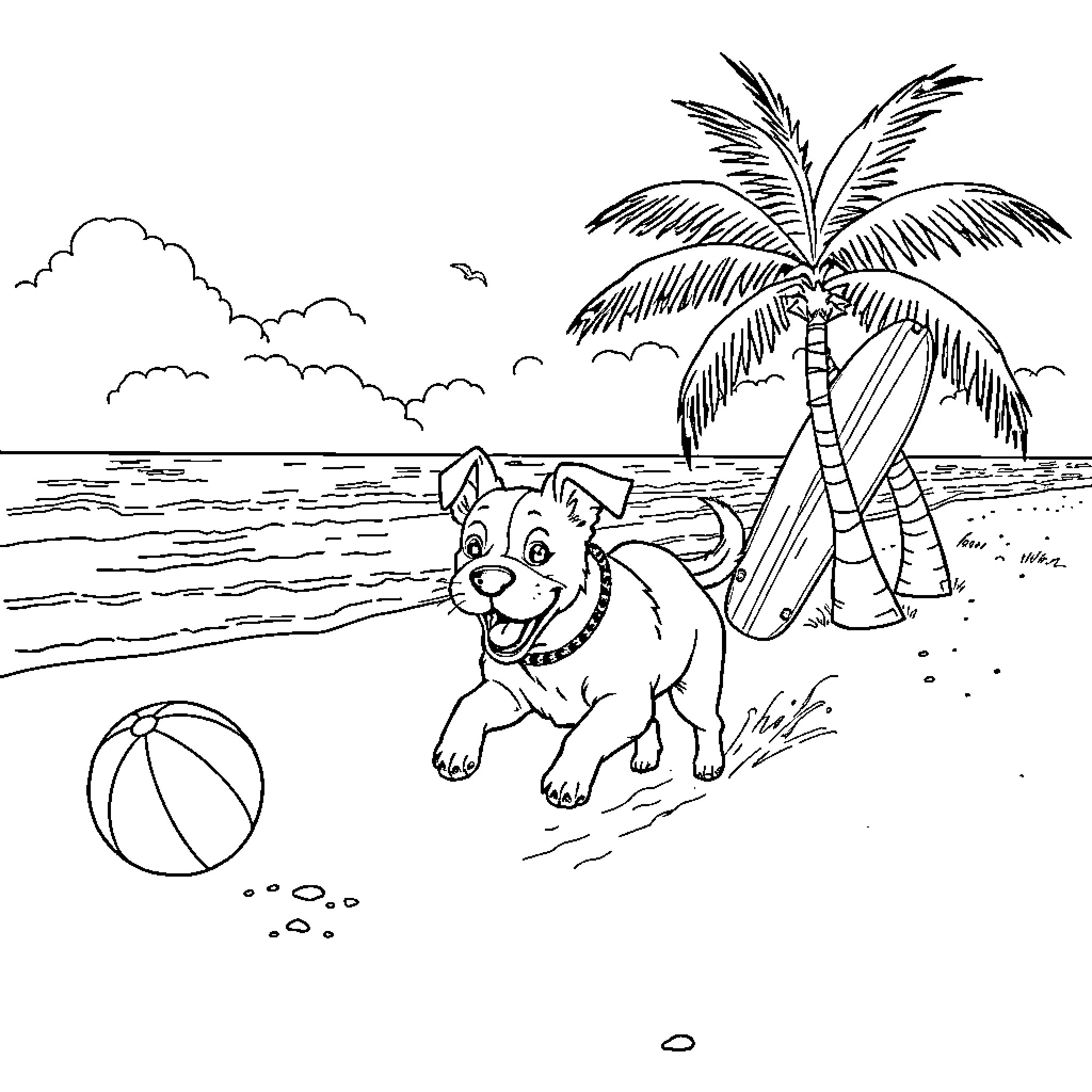 Dog playing on the beach with a beach ball Coloring Page (free black-and-white line drawing printable PDF for all, from beginners to advanced learners, including children, teens, adults, and seniors)