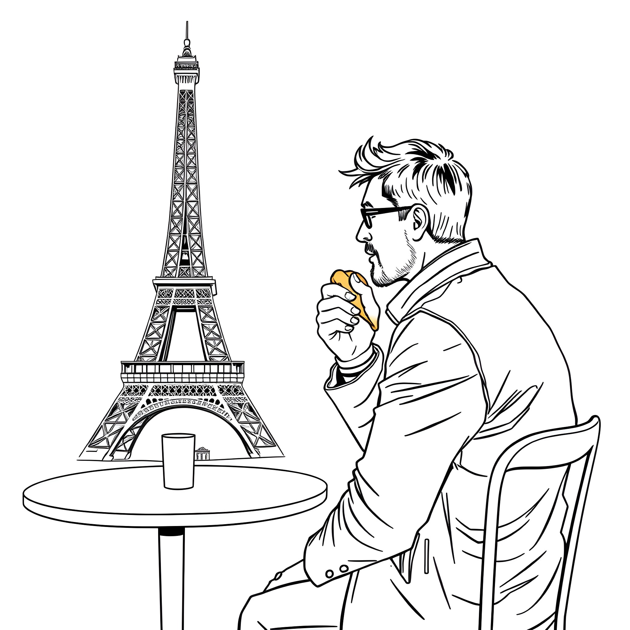 Man having coffee near Eiffel Tower Coloring Page (free black-and-white line drawing printable PDF for all, from beginners to advanced learners, including children, teens, adults, and seniors)
