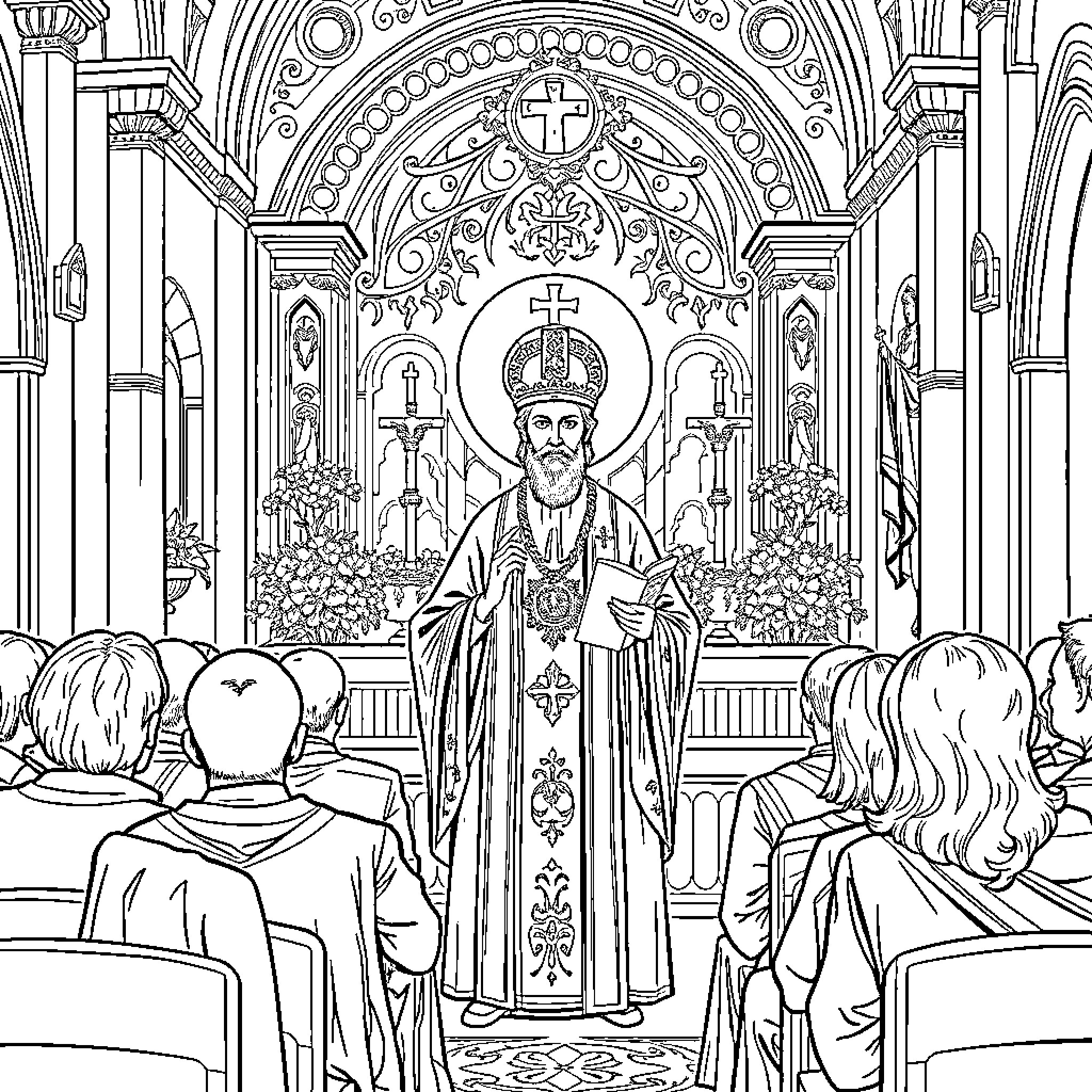 Priest leading a religious service in an ornate cathedral Coloring Page (free black-and-white line drawing printable PDF for all, from beginners to advanced learners, including children, teens, adults, and seniors)