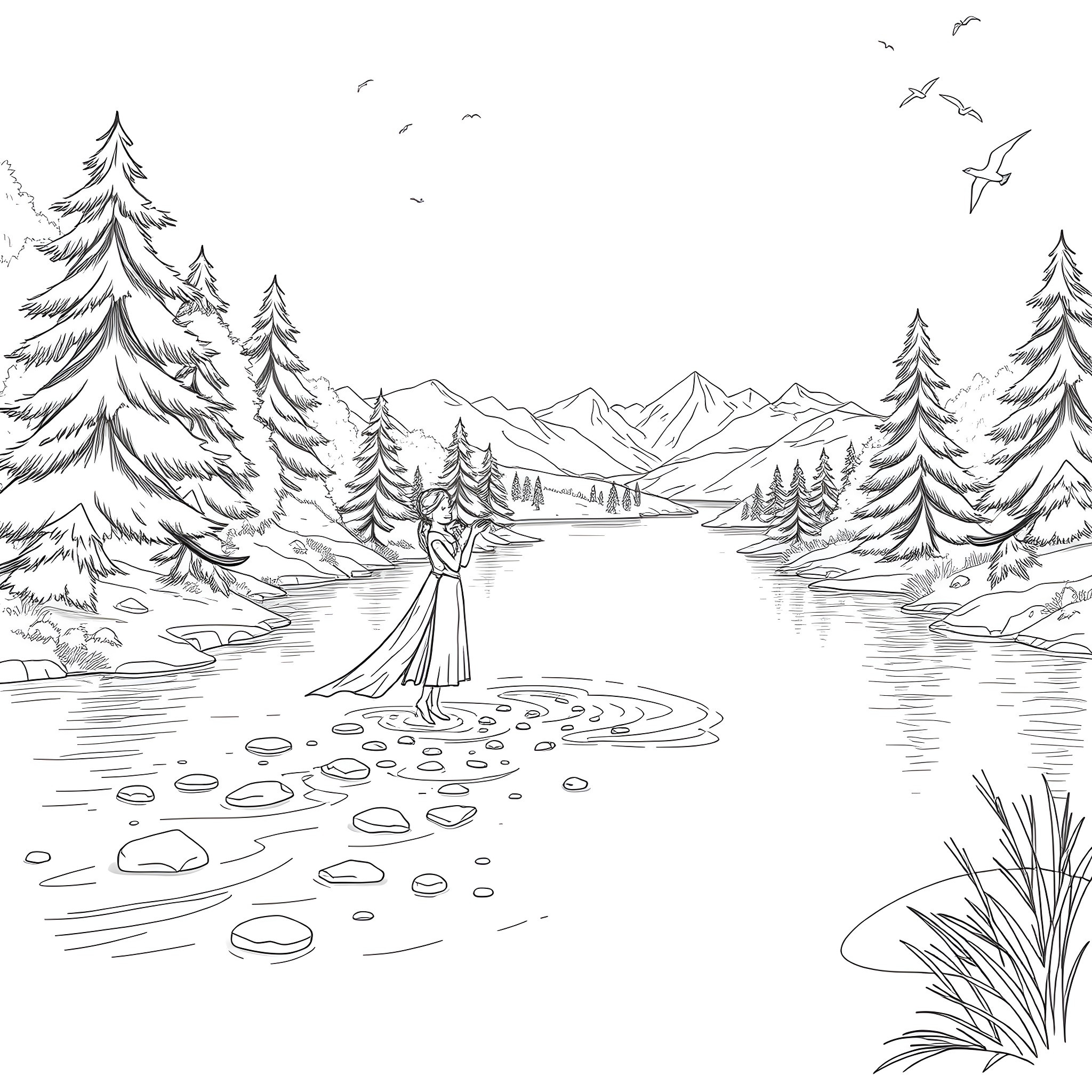 Elsa's Peaceful Winter Wonderland Coloring Page (free black-and-white line drawing printable PDF for all, from beginners to advanced learners, including children, teens, adults, and seniors)
