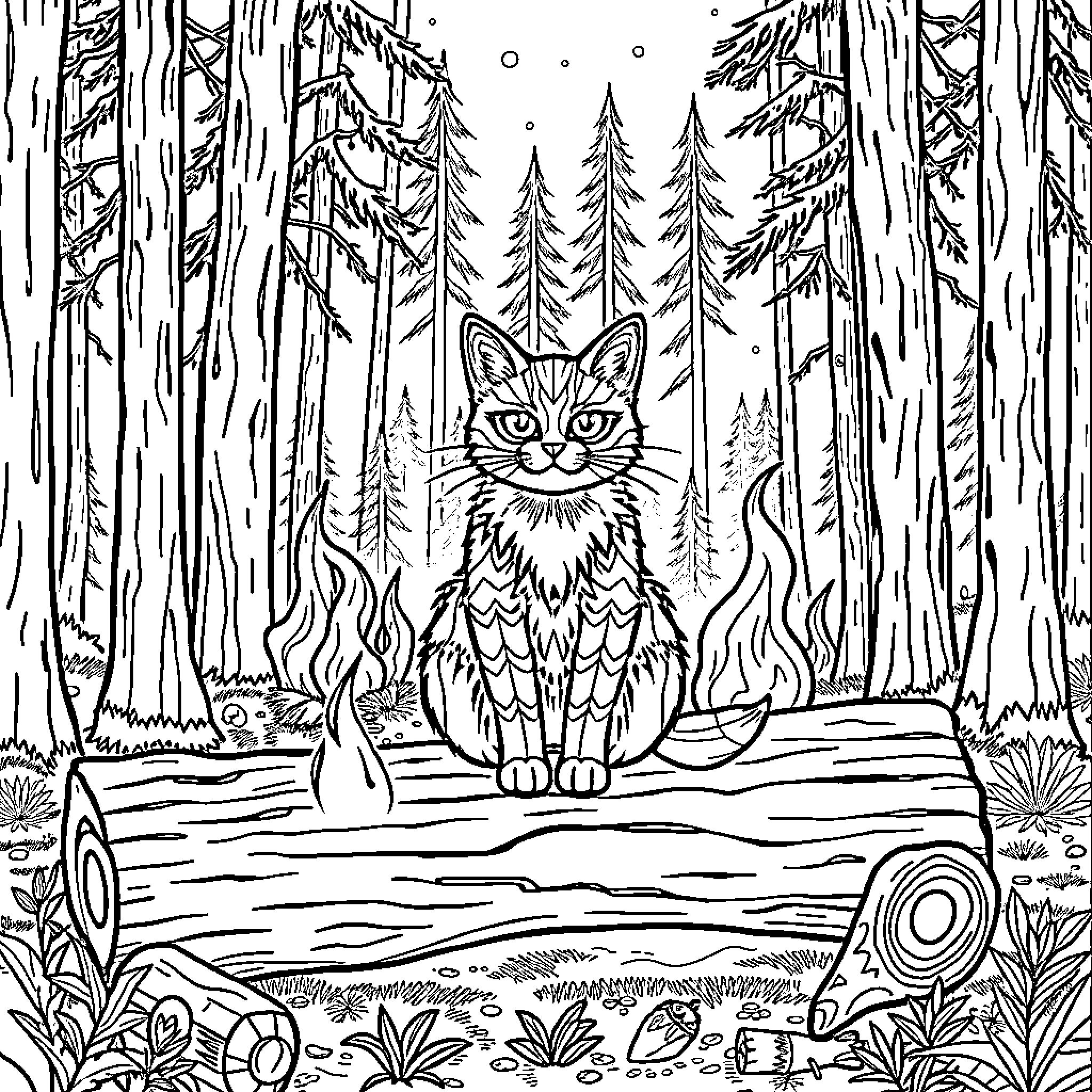 Cat in the enchanted forest Coloring Page (free black-and-white line drawing printable PDF for all, from beginners to advanced learners, including children, teens, adults, and seniors)