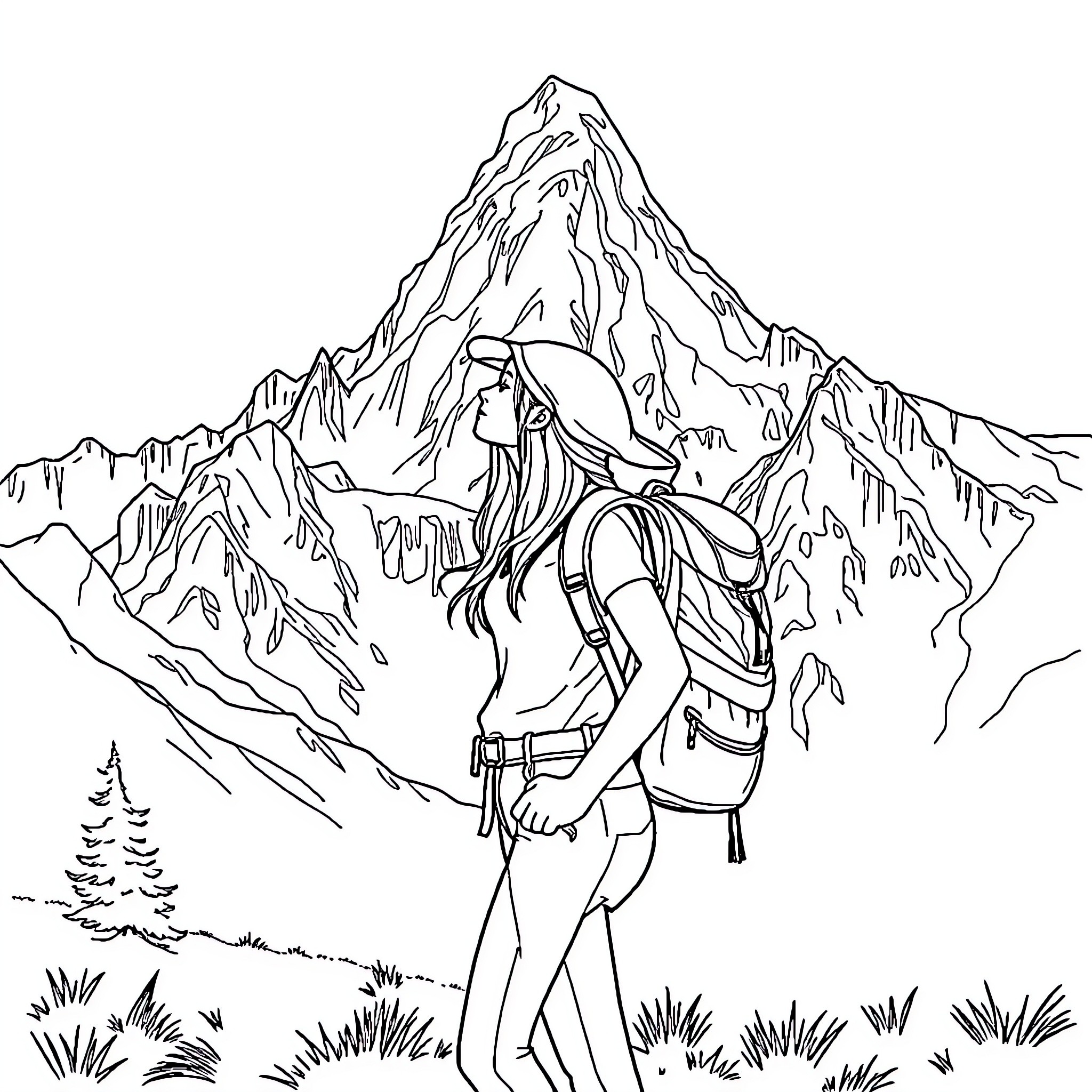 Girl hiking in the snowy mountains Coloring Page (free black-and-white line drawing printable PDF for all, from beginners to advanced learners, including children, teens, adults, and seniors)