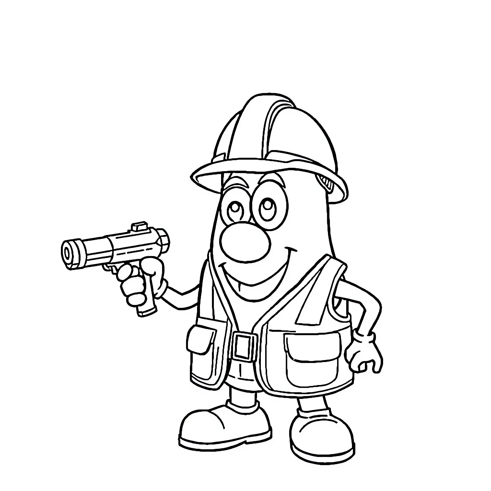 Mr Potato as a Friendly Construction Worker Coloring Page (free black-and-white line drawing printable PDF for all, from beginners to advanced learners, including children, teens, adults, and seniors)