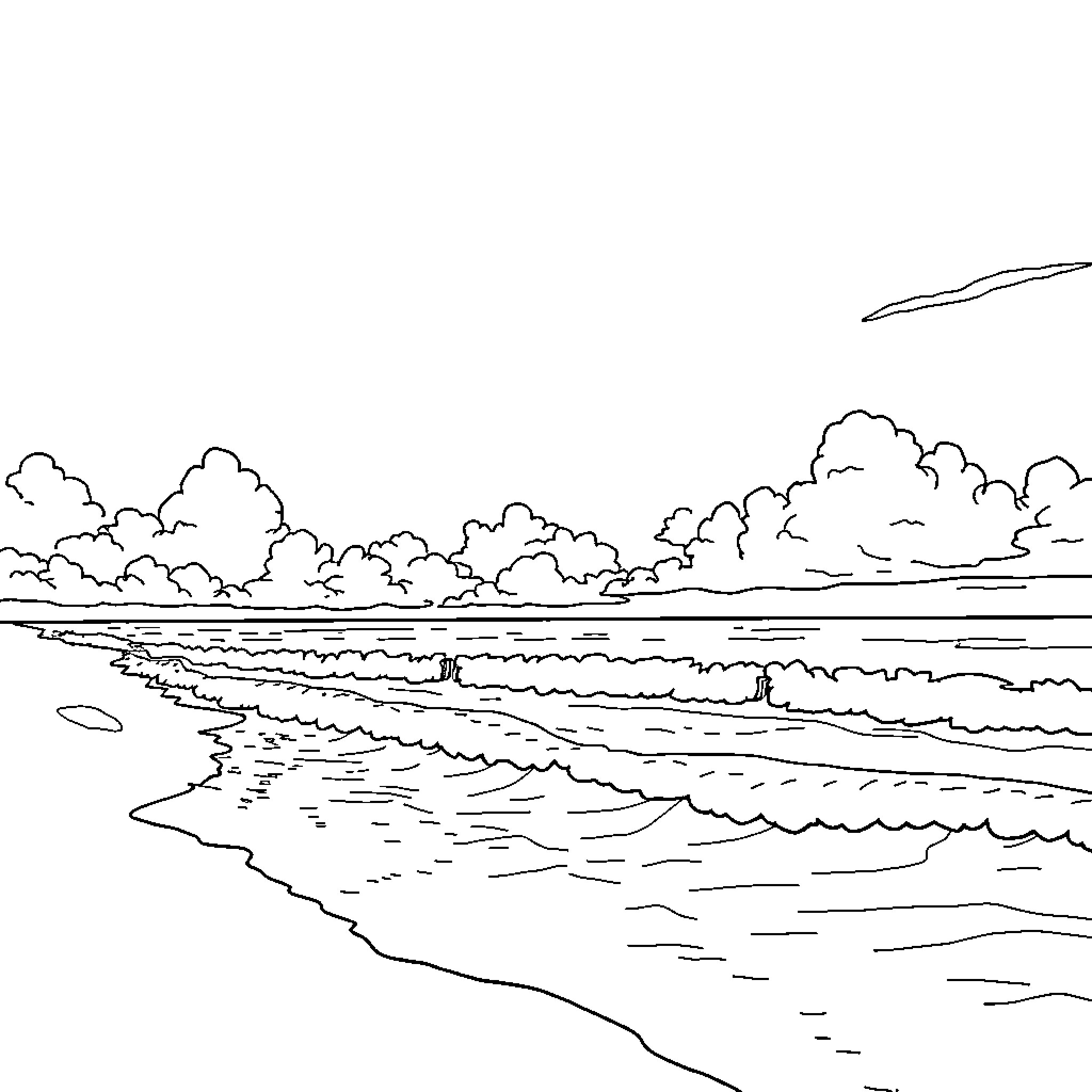 Blue ocean waves crashing on the shore Coloring Page (free black-and-white line drawing printable PDF for all, from beginners to advanced learners, including children, teens, adults, and seniors)