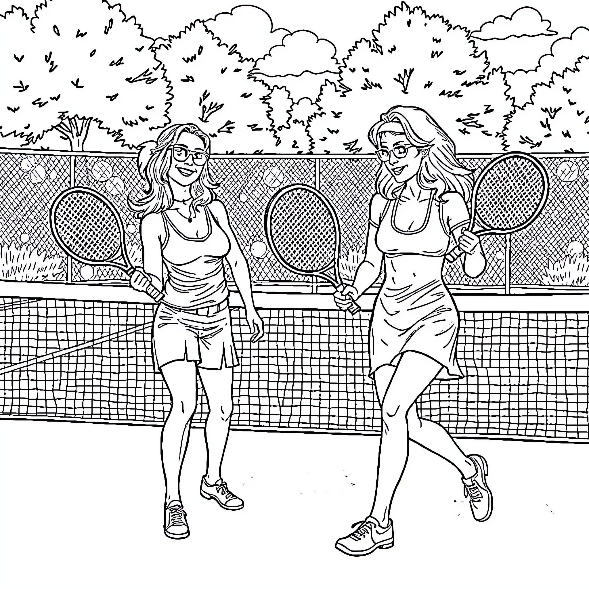 Chapel Roan: Women playing tennis on a court Coloring Page (free black-and-white line drawing printable PDF for all, from beginners to advanced learners, including children, teens, adults, and seniors)