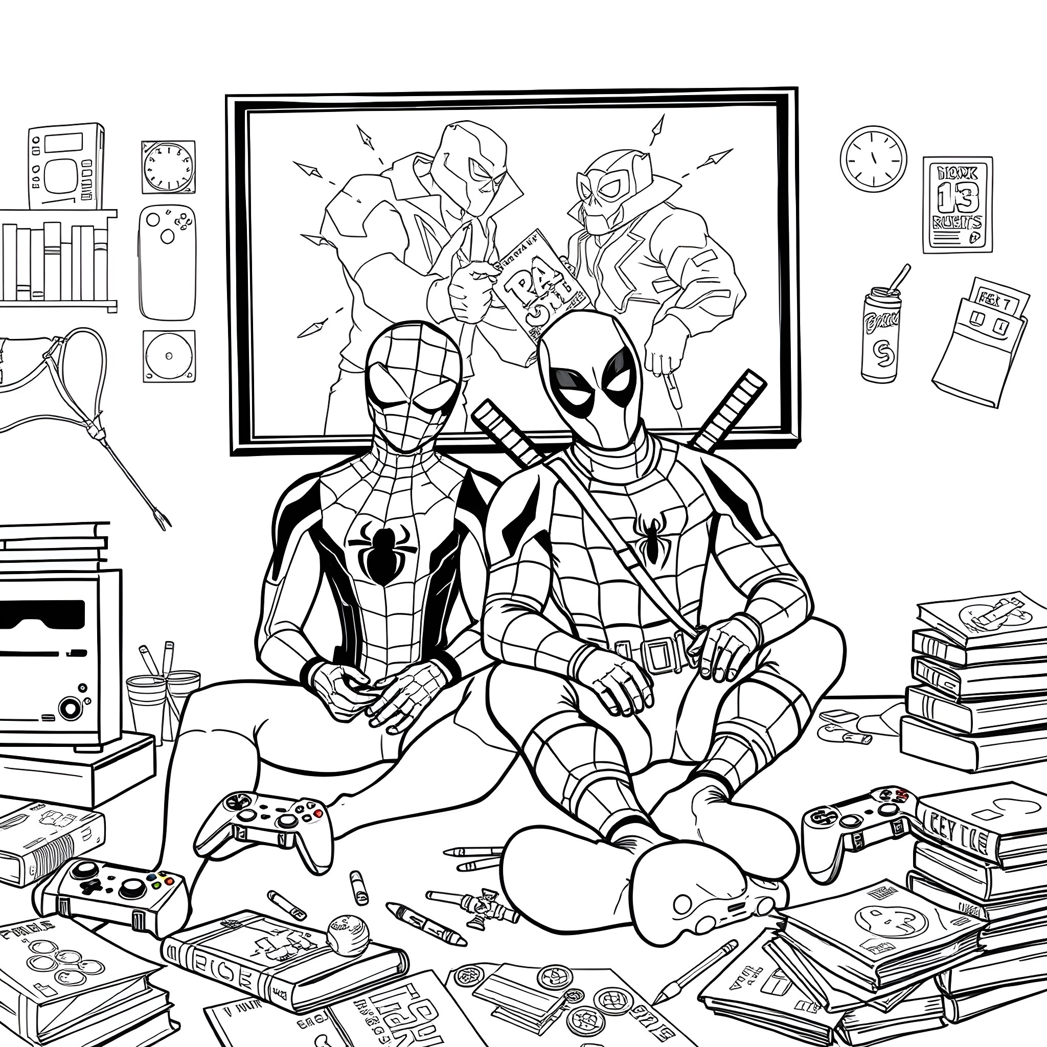 Spider-Man and Deadpool gaming together in a messy room Coloring Page (free black-and-white line drawing printable PDF for all, from beginners to advanced learners, including children, teens, adults, and seniors)