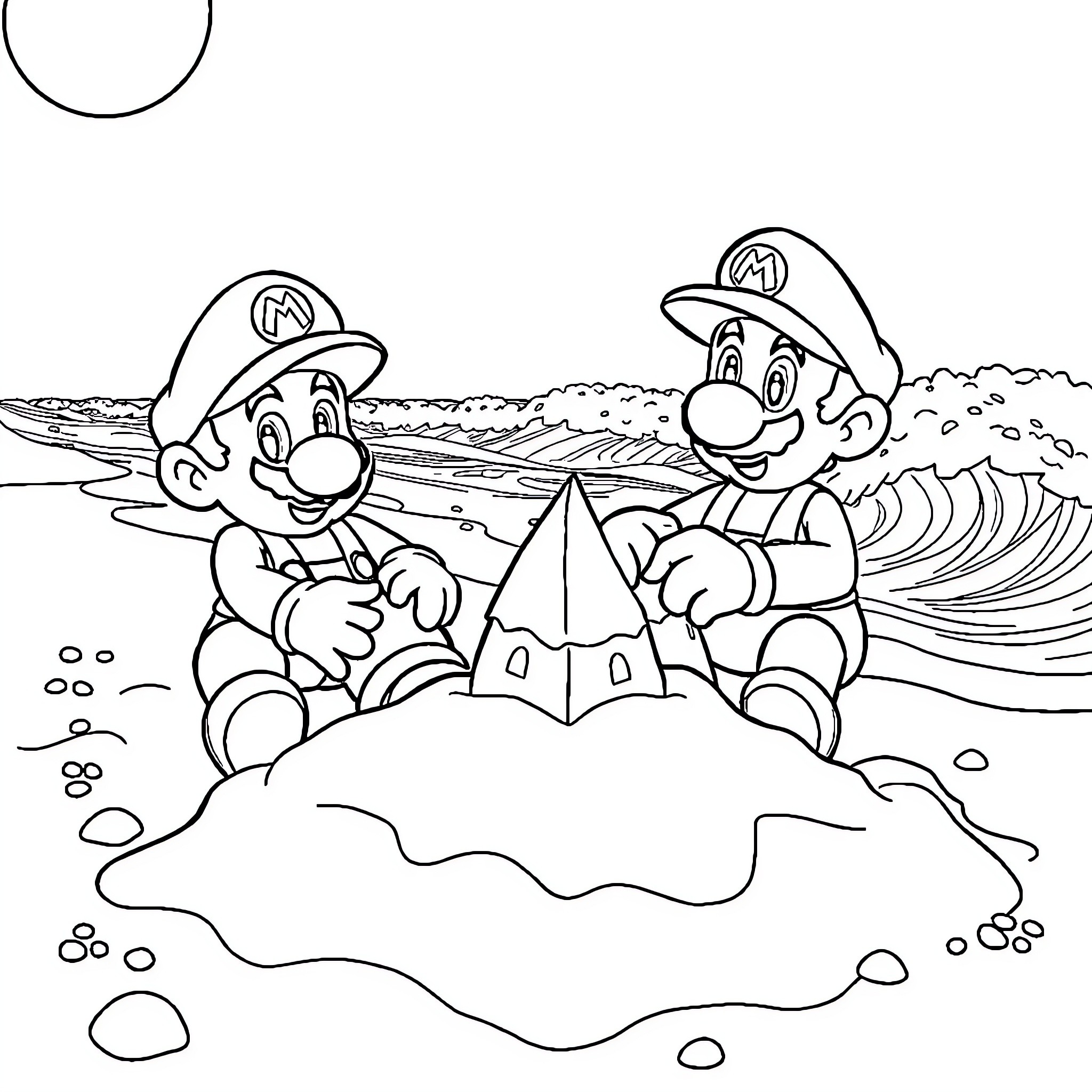 Mario and Luigi building a sandcastle on the beach Coloring Page (free black-and-white line drawing printable PDF for all, from beginners to advanced learners, including children, teens, adults, and seniors)