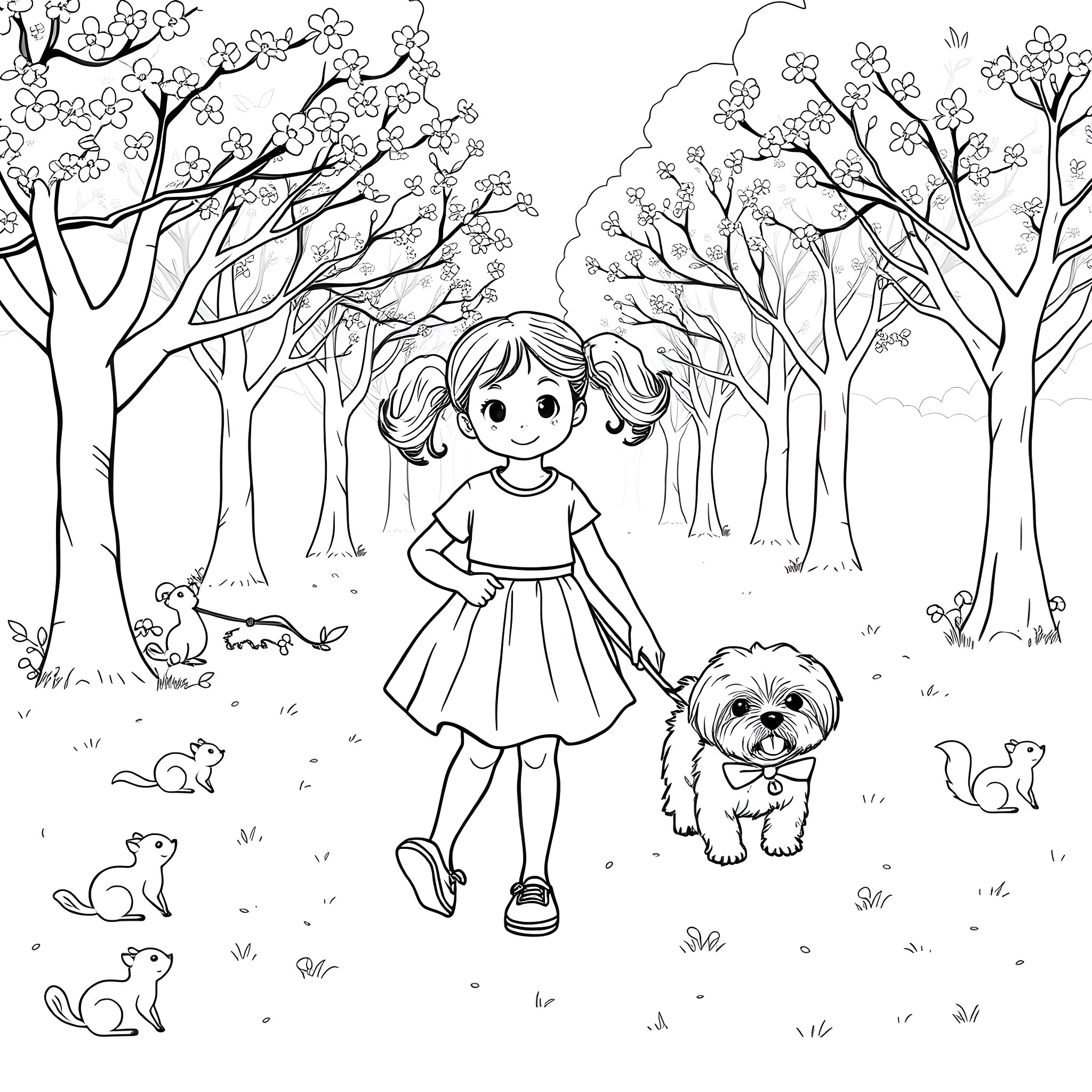 Girl walking dog in a blooming forest Coloring Page (free black-and-white line drawing printable PDF for all, from beginners to advanced learners, including children, teens, adults, and seniors)