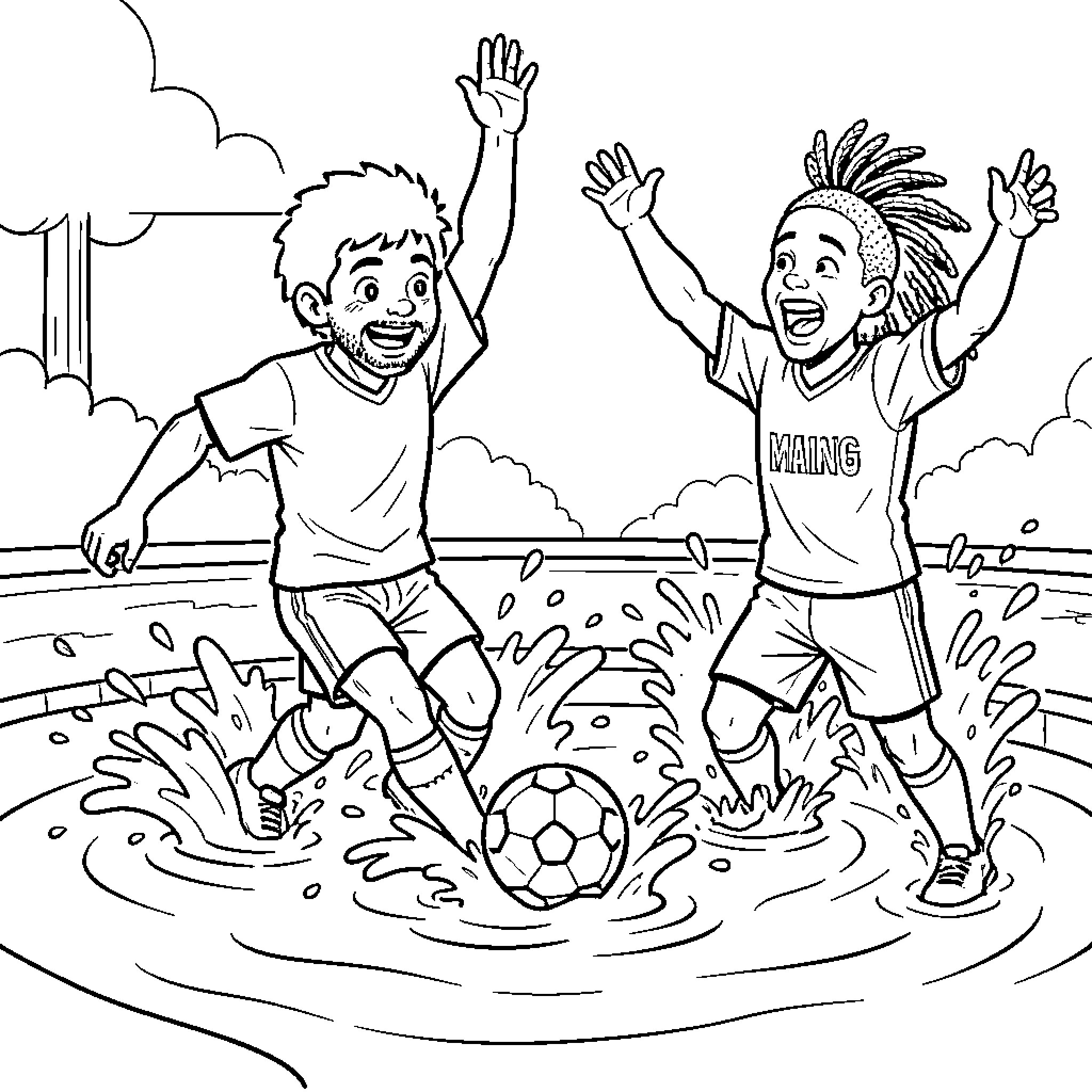 Fernando Mendoza's Joyful Soccer Game in the Park Coloring Page (free black-and-white line drawing printable PDF for all, from beginners to advanced learners, including children, teens, adults, and seniors)