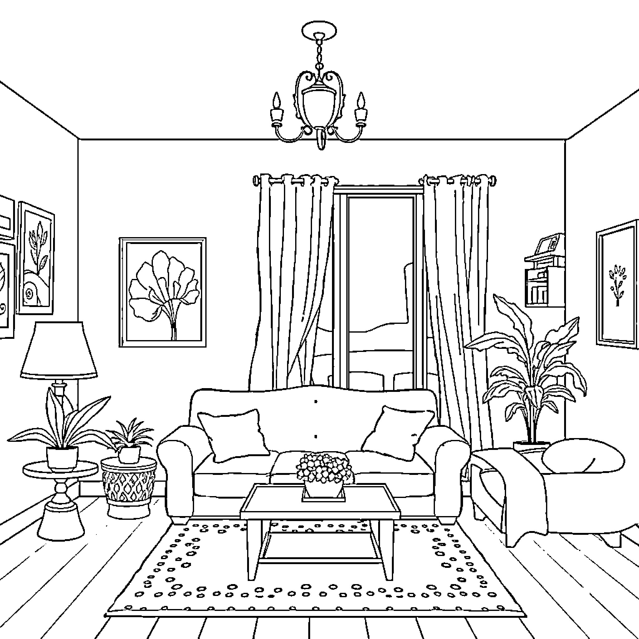 Home Spaces with Comfortable Living Room Furnishings Coloring Page (free black-and-white line drawing printable PDF for all, from beginners to advanced learners, including children, teens, adults, and seniors)